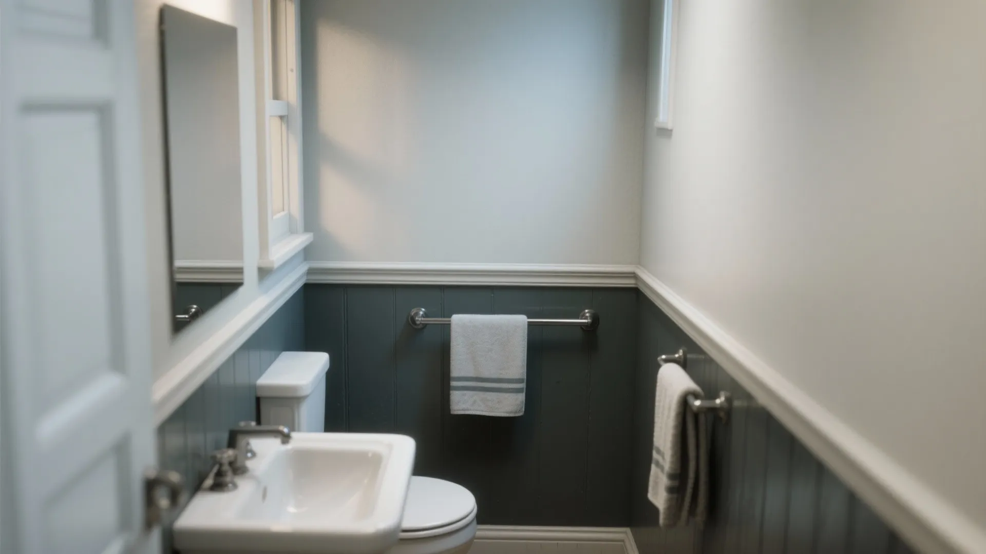 Small bathroom with dark green wall panel white sink toilet and towels on metal bars