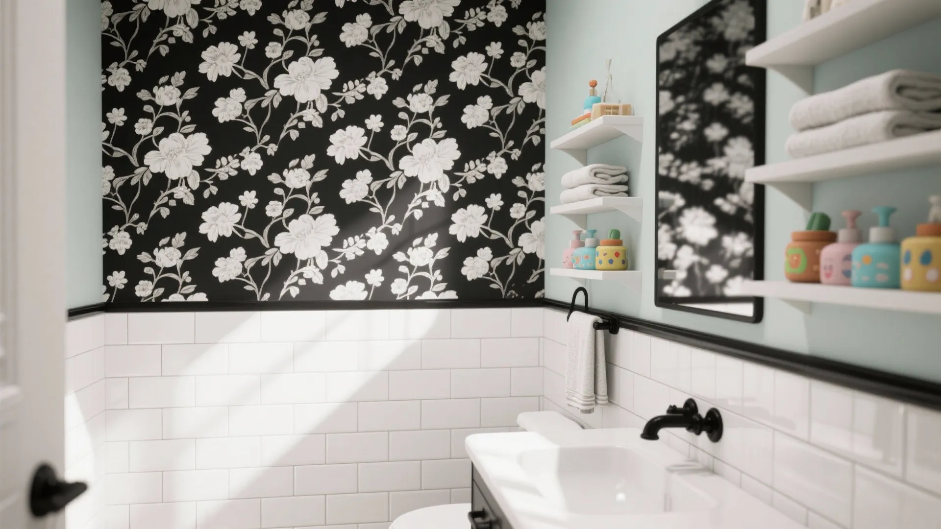 Bright bathroom featuring white subway wall tile black floral wallpaper light blue walls and shelves
