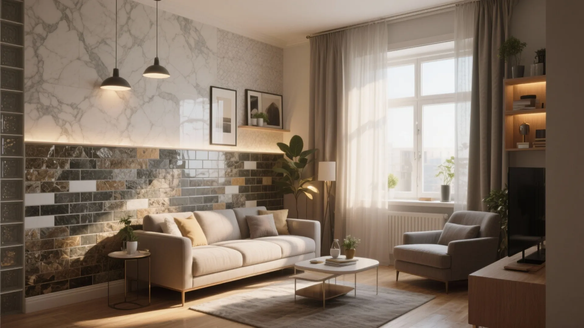 Modern living room featuring a marble and tile wall panel with sofa and ceiling lights