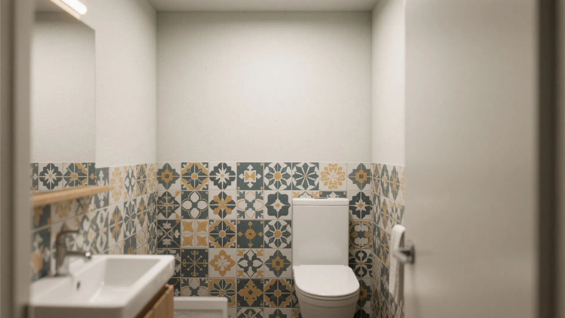 Small bathroom with half-wall patterned tiling and painted upper walls