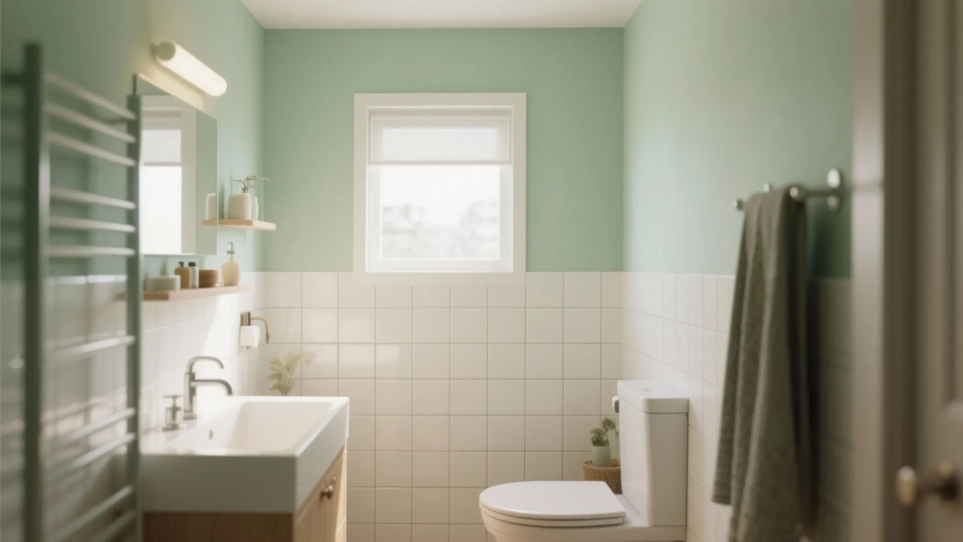 Minimalist green and white bathroom featuring white wall tiles, wooden cabinet, and a bright window
