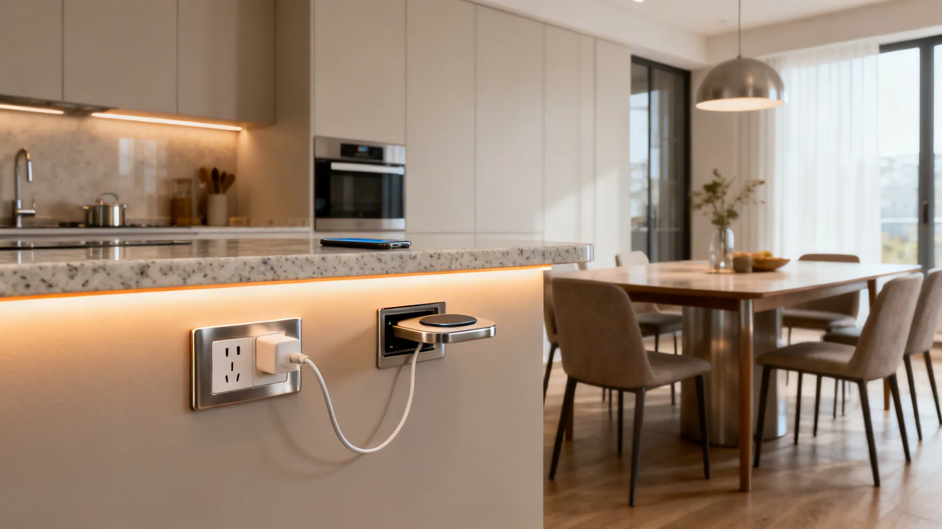 Half wall with pop-up outlet, wireless charging, and under-cap LED lighting between kitchen and dining.