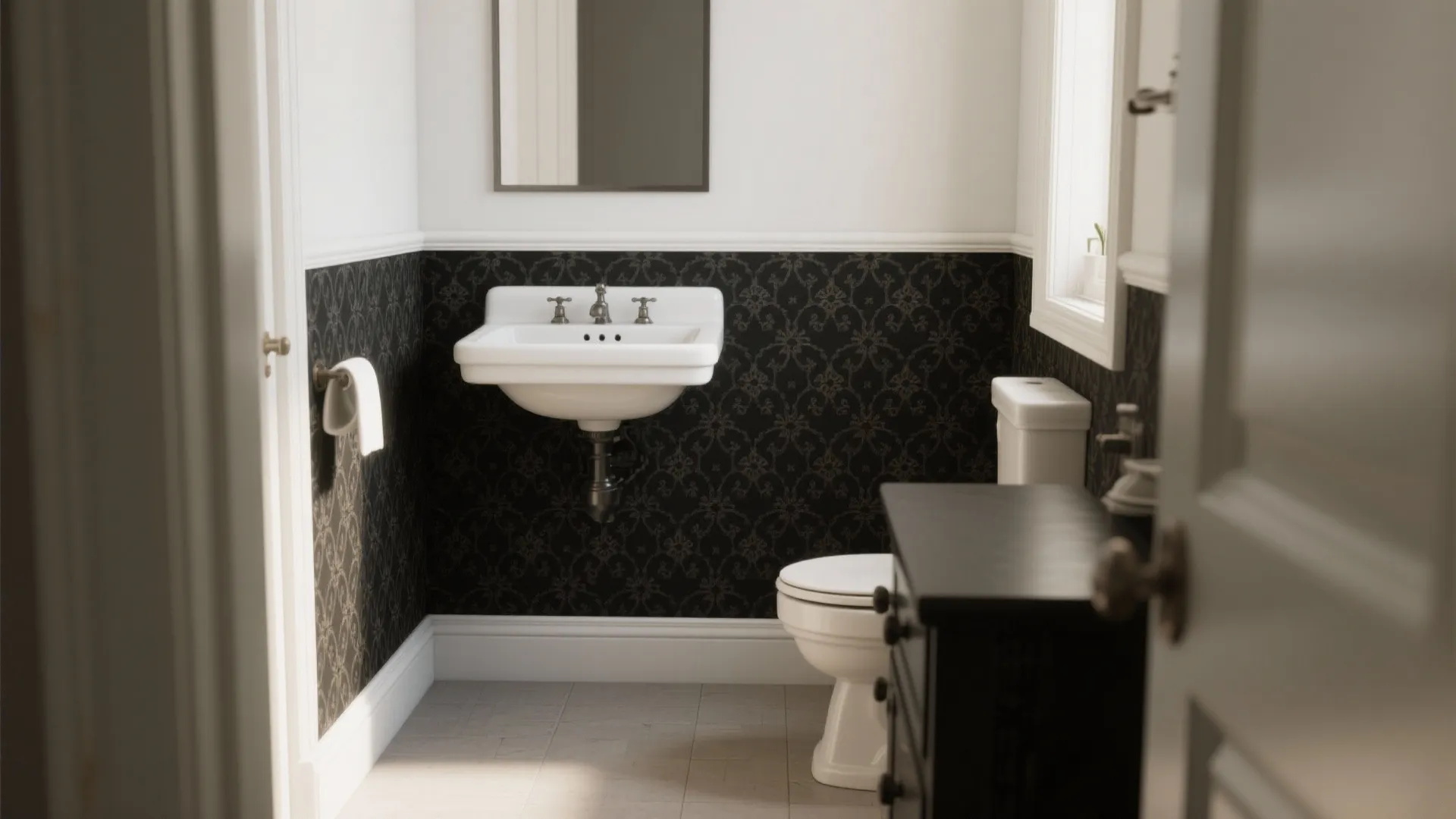 Bathroom with white sink toilet dark wall panel and white walls near an open door