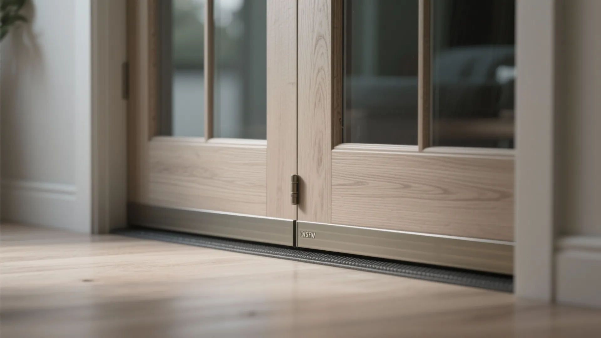 Close up view of wooden door bottom with metal seal on light color wood floor