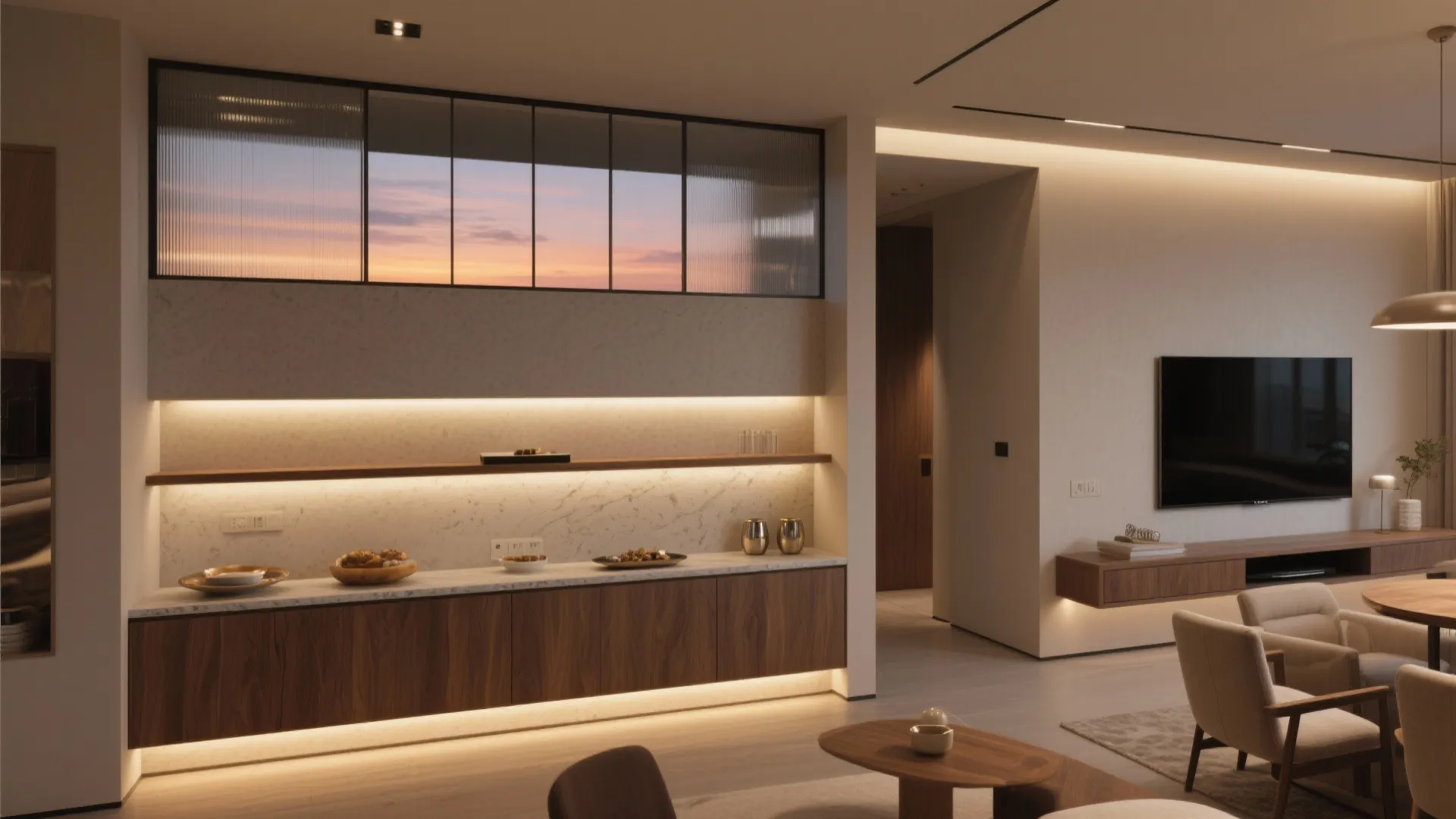 Half-Height Glass with Pass-Through Shelving