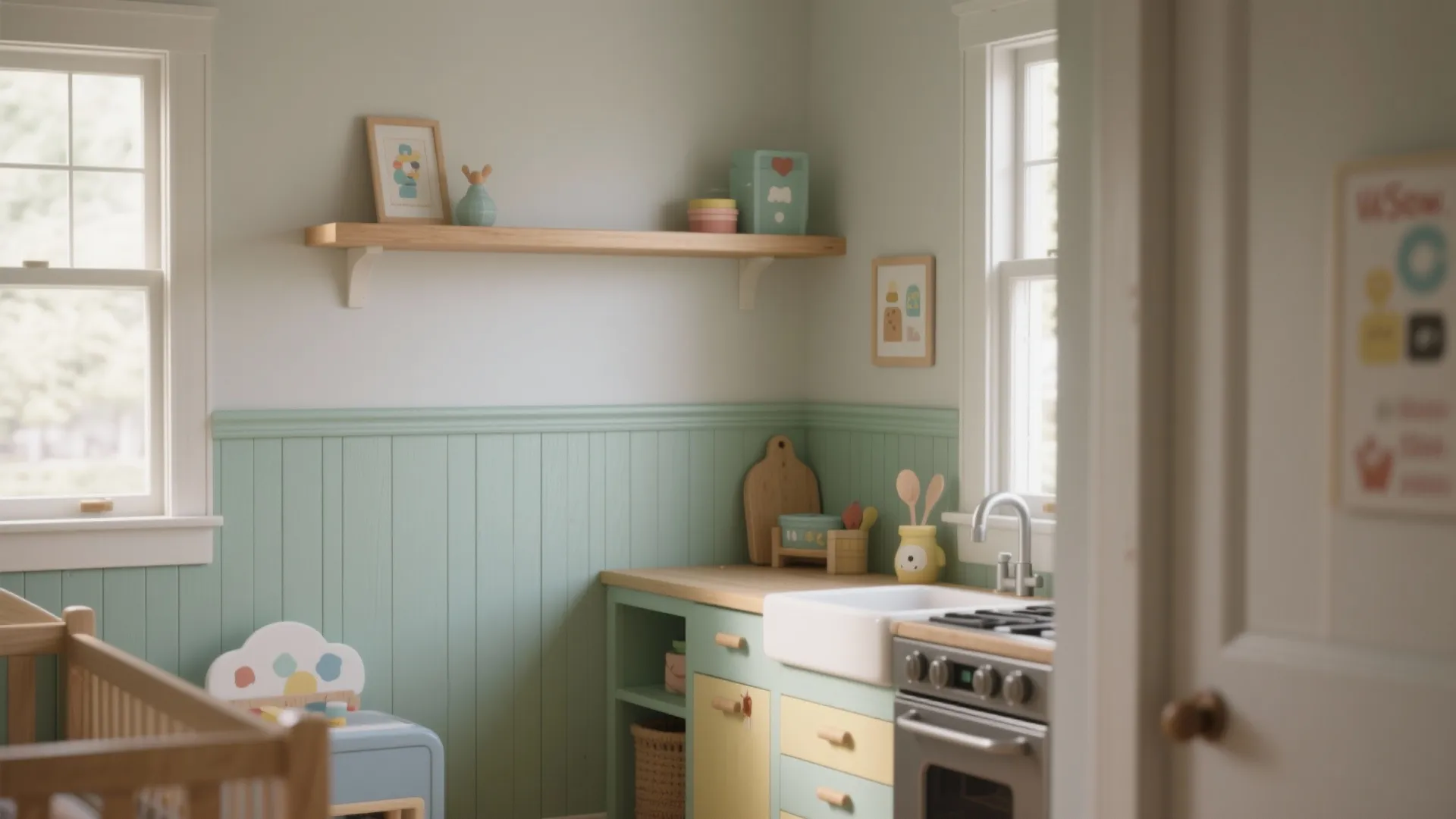 Playful kids kitchen area featuring green wall panel design with small wooden toys and sink