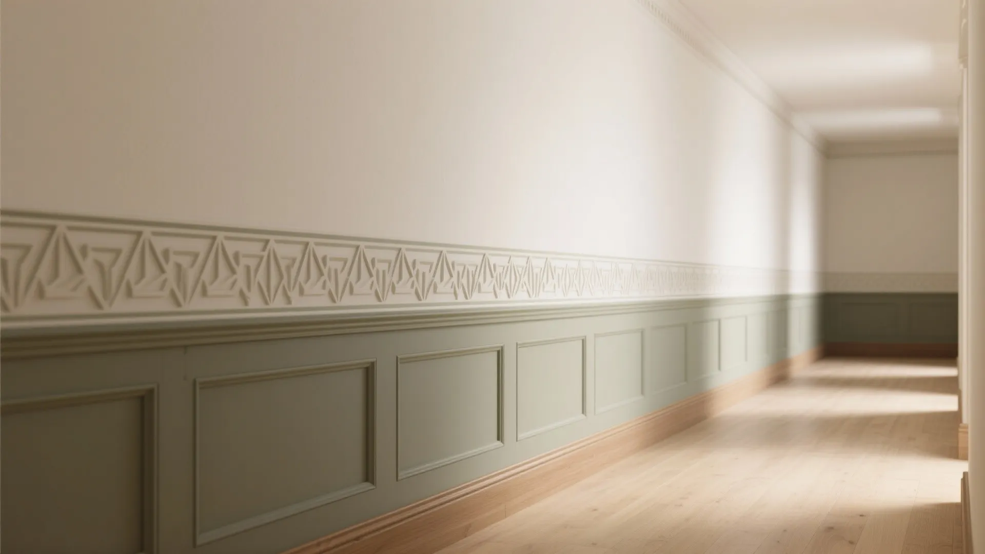 Long hallway with green wall panels decorative white border and light colored wood floor planks