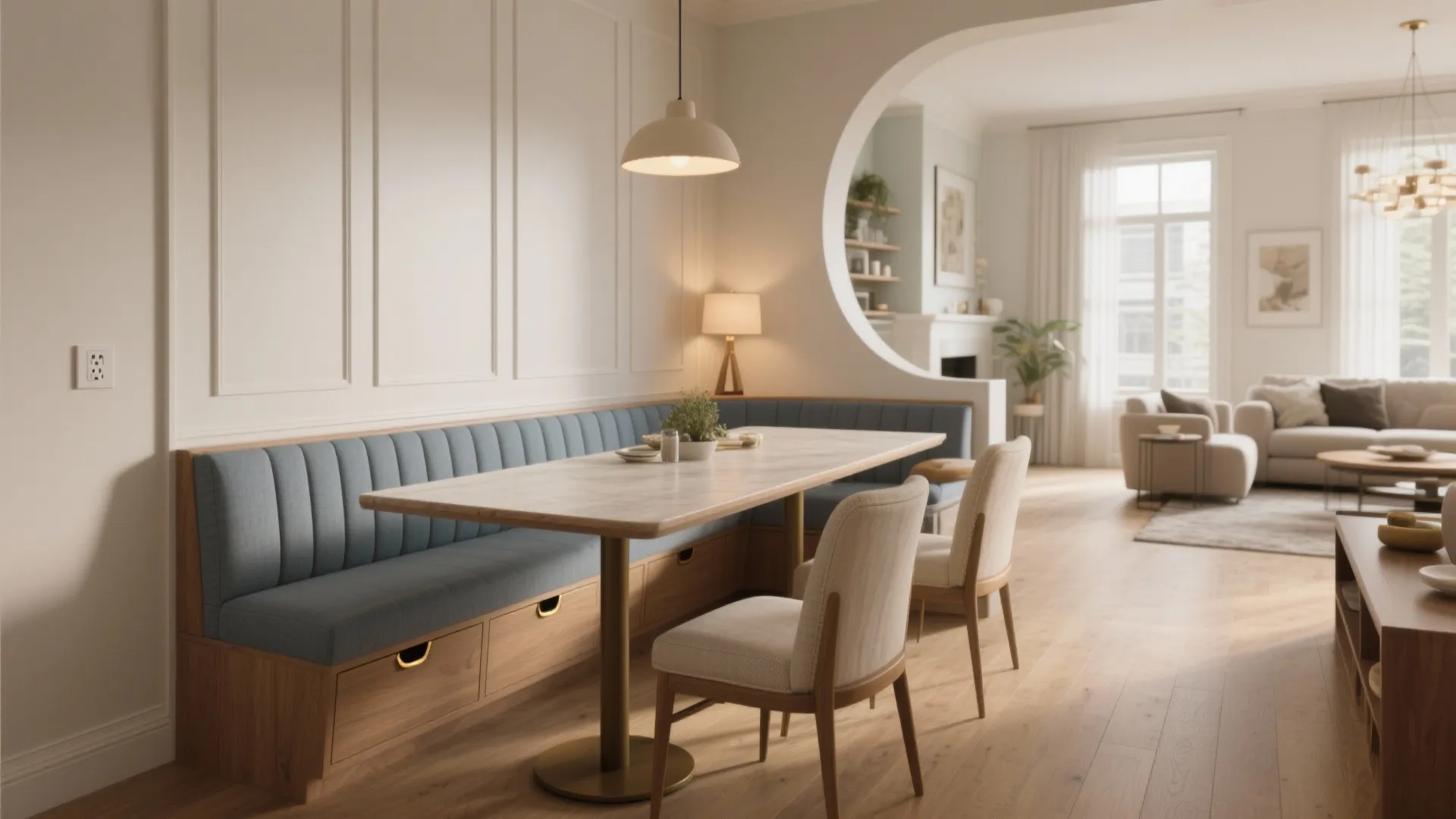 Half-Wall Partition with Built-In Banquette