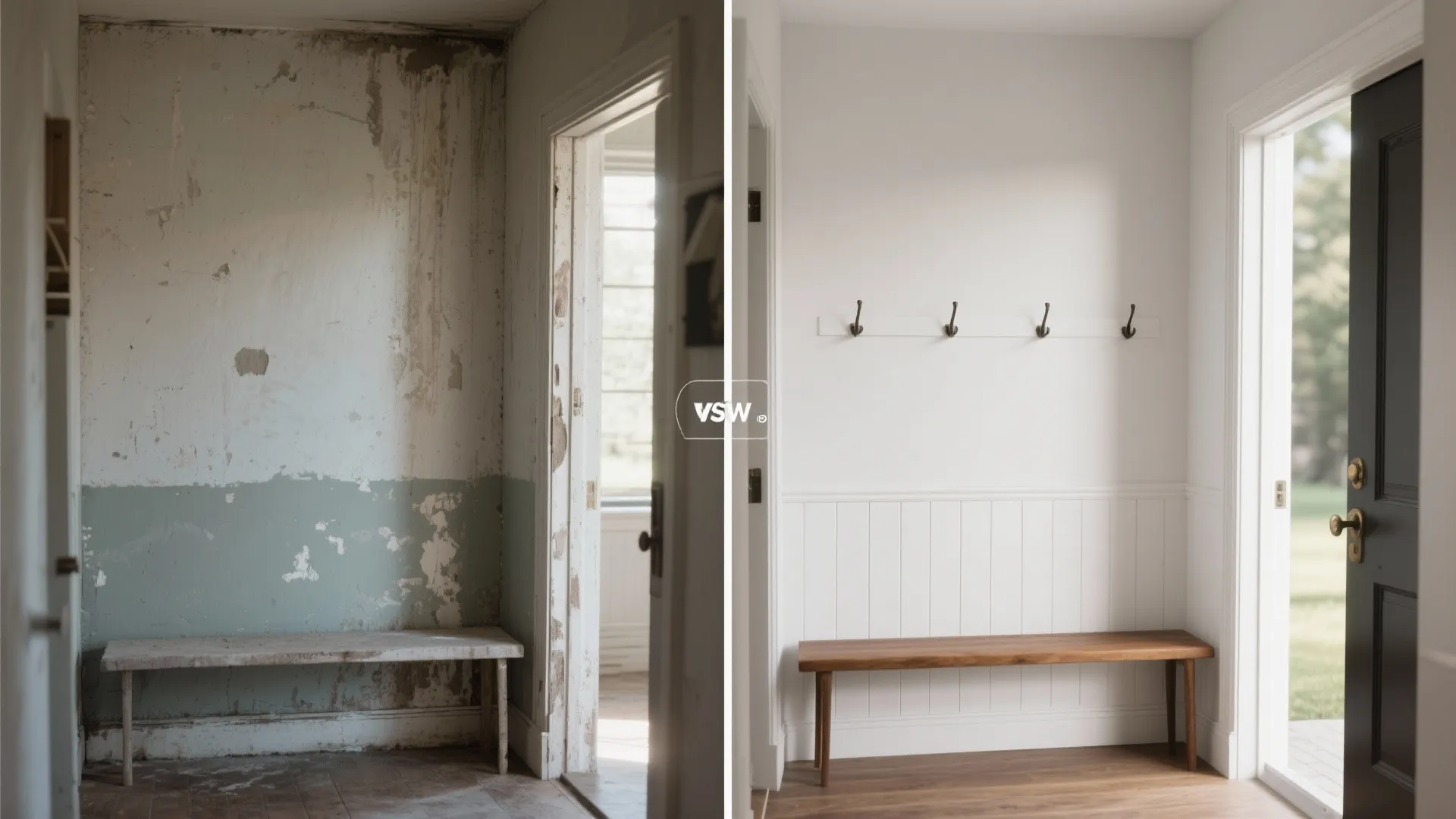 Before and after comparison of a messy old entryway versus a clean white wall panel