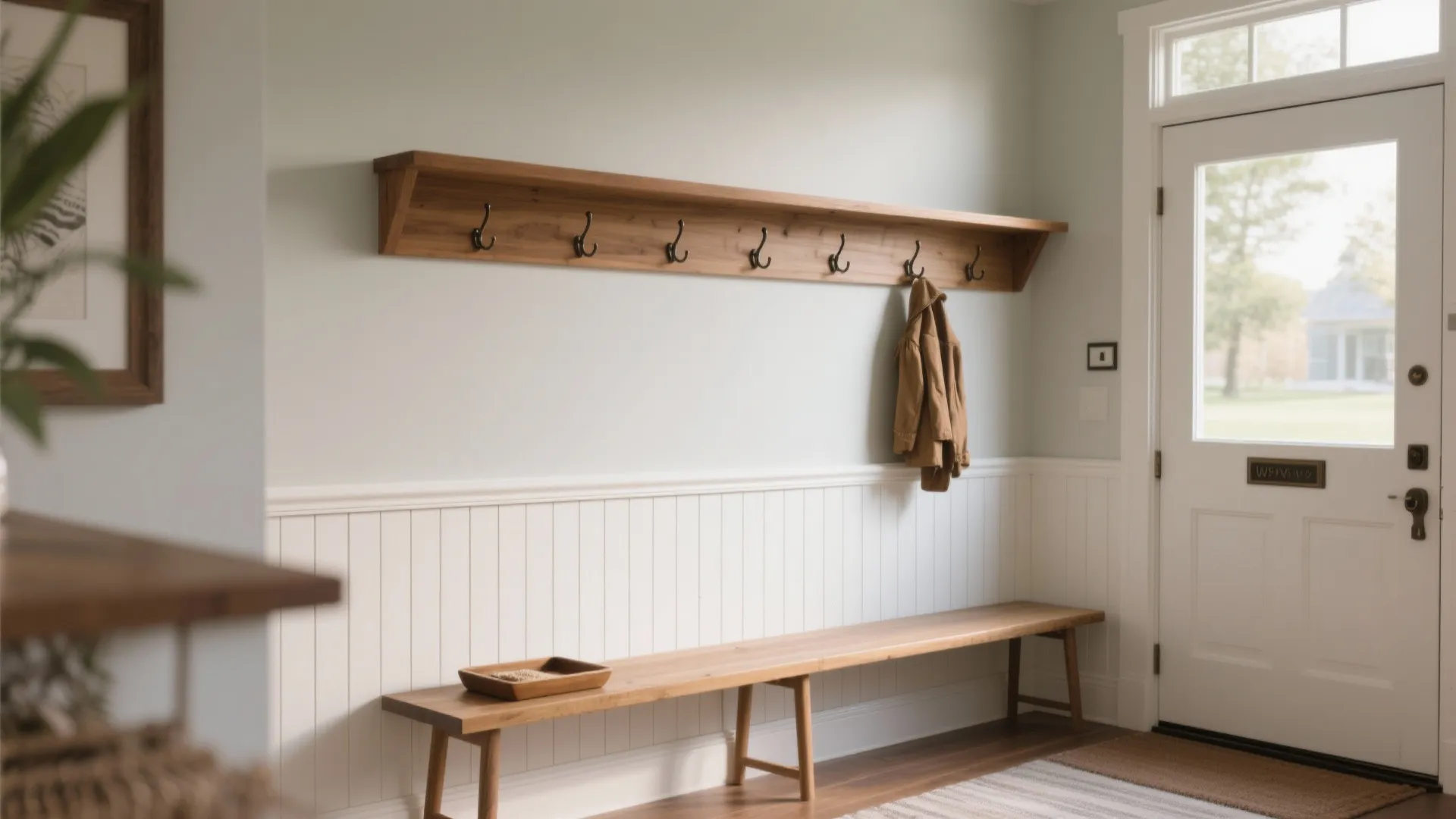 5. Half-wall panelling with integrated shelf or bench