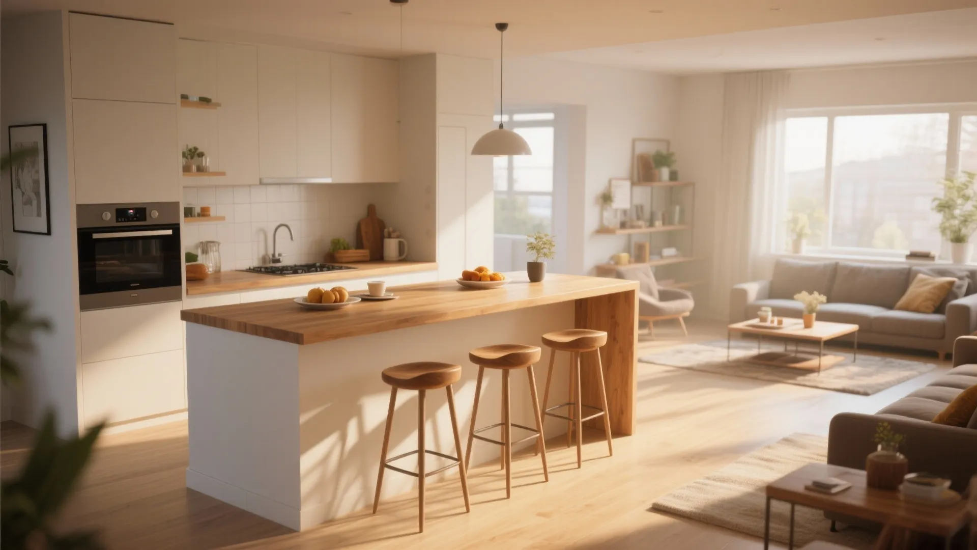 White kitchen island with wooden stools near living room featuring sofa and large bright windows