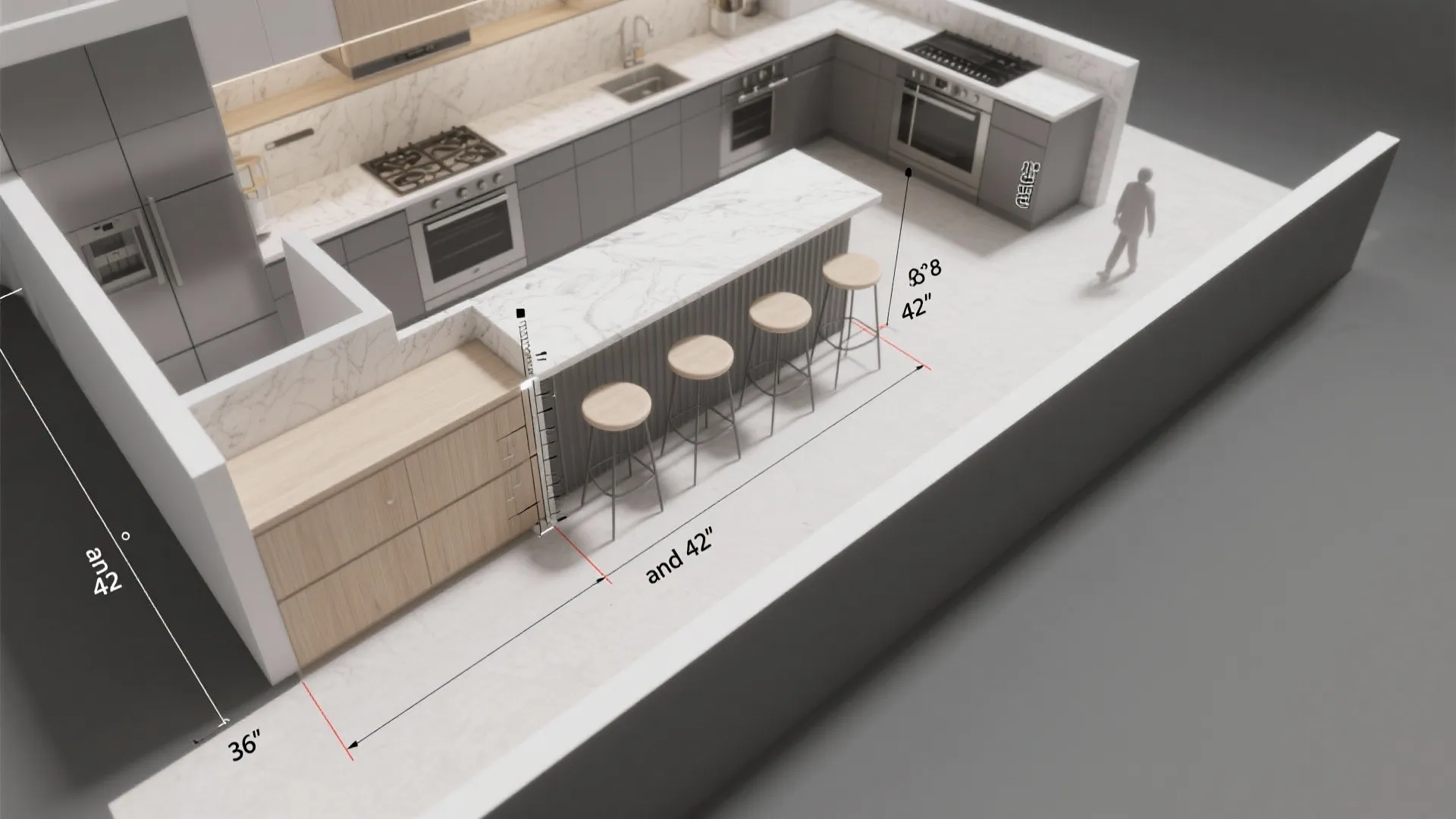 Interior design drawing showing kitchen island dimensions with stools and marble floor plan in 3D