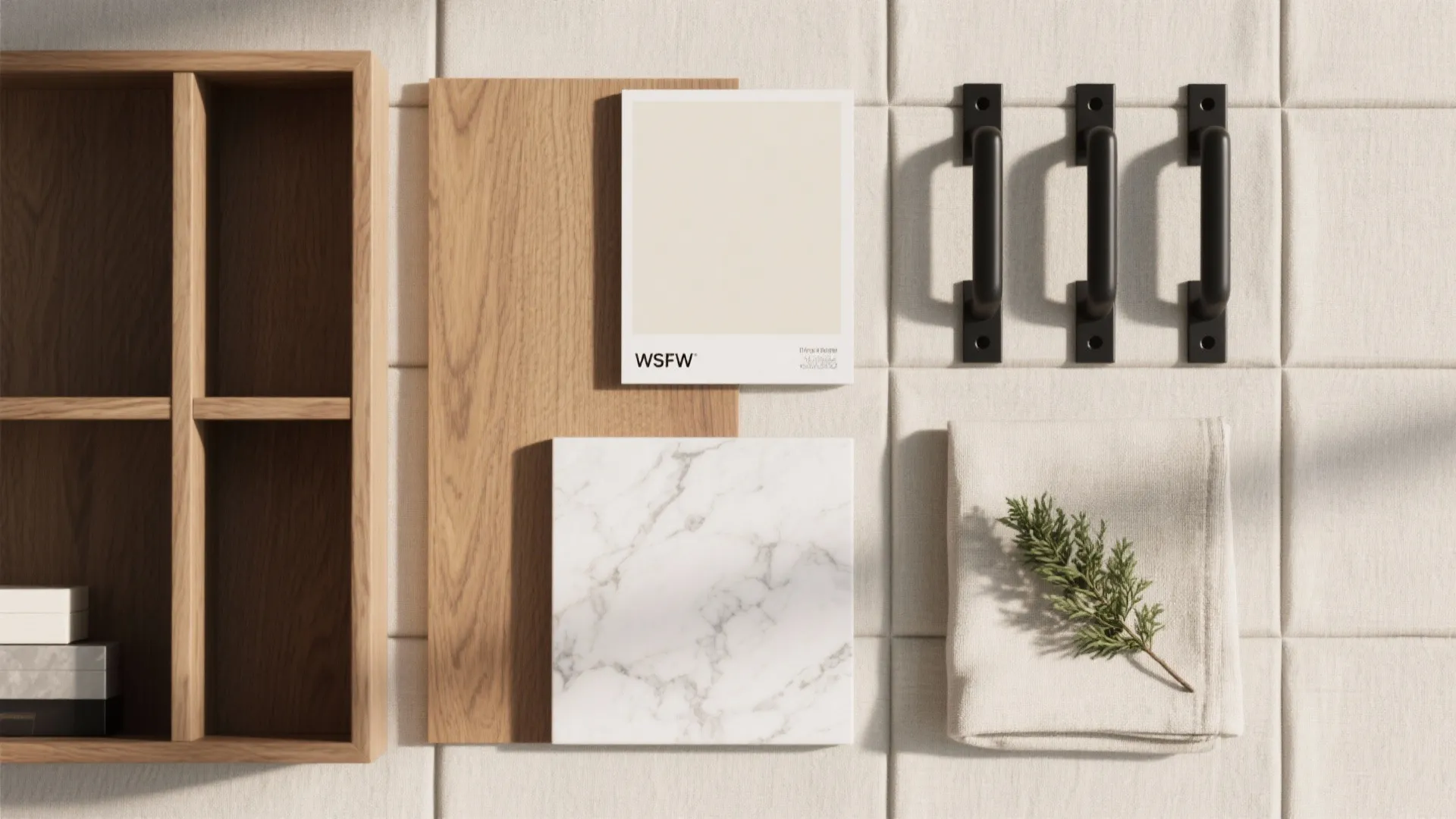 Material flat lay with wood board, marble tile, beige sample, black handles, and green leaf