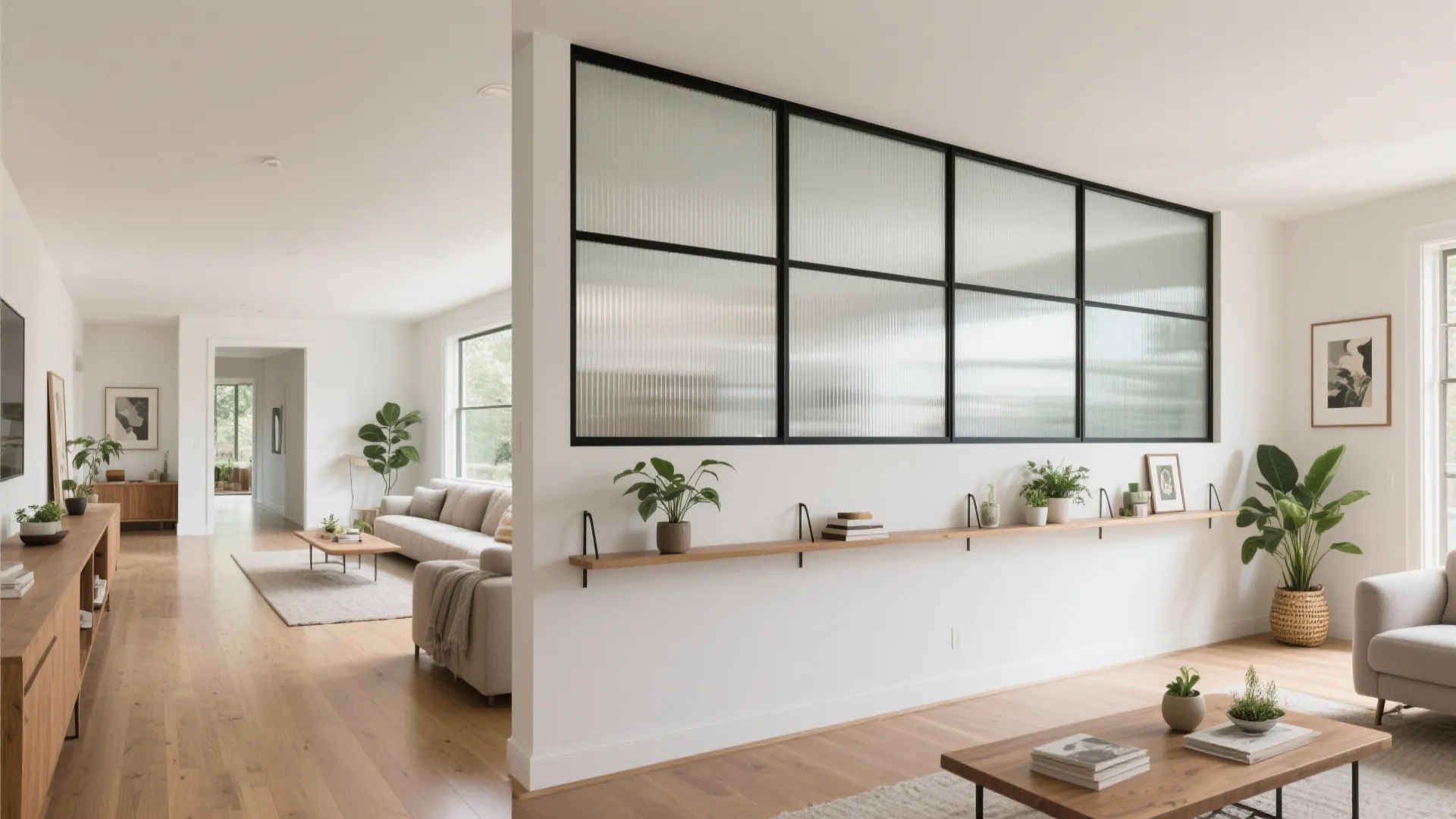 Interior room layout with black frame glass windows on a half wall and wooden display shelf