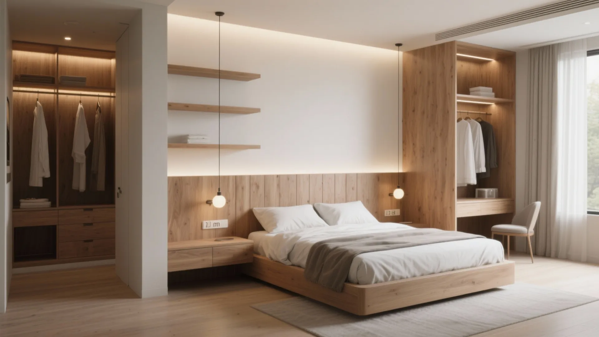 Minimalist bedroom with wooden wall panel, hanging light fixtures, open closet, and clean white walls