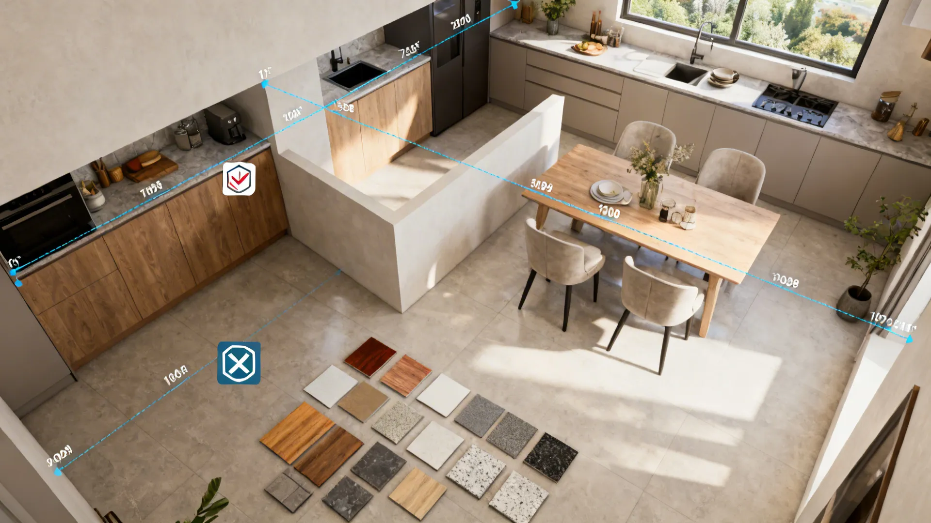 Top-down designer layout of a half wall with measurements, material samples and sightline overlays.
