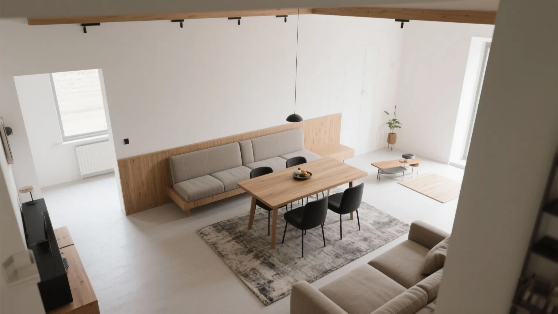 Half wall plus banquette: dine-and-lounge back to back