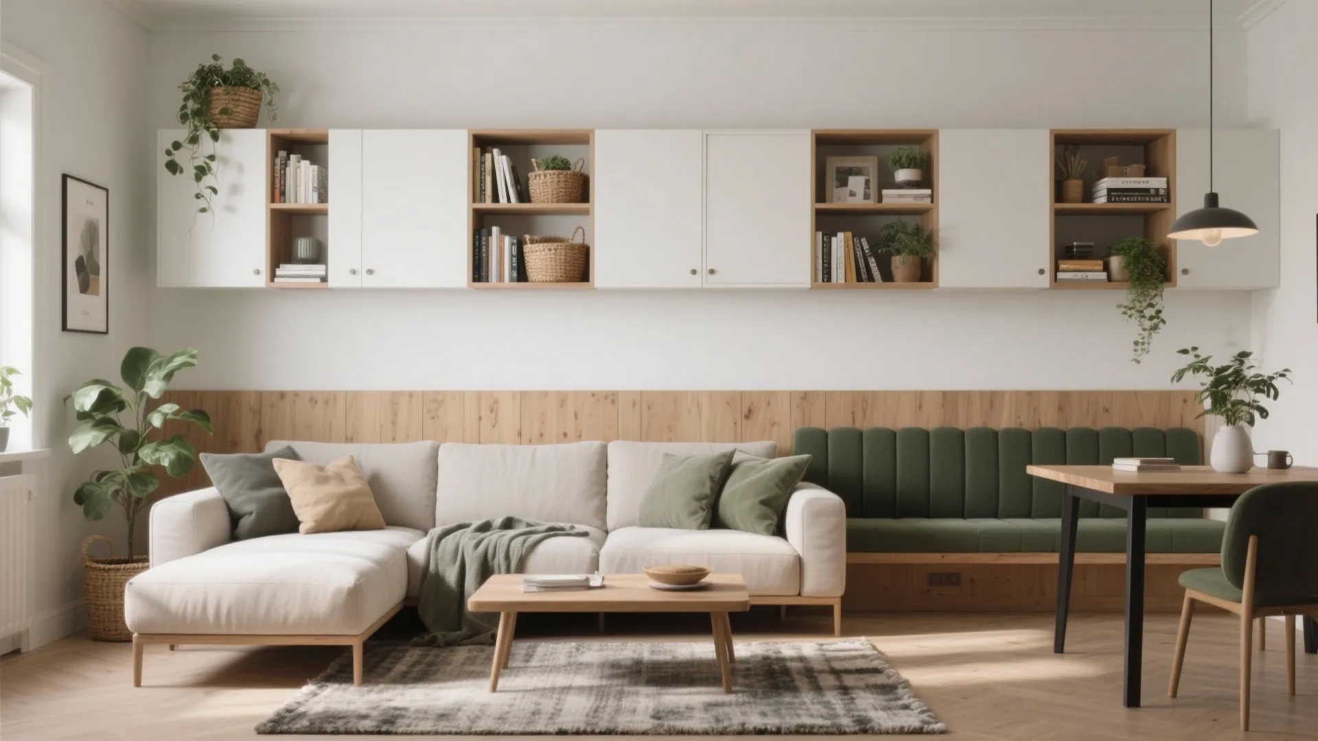 Storage Half-Wall and Open Shelving Combo