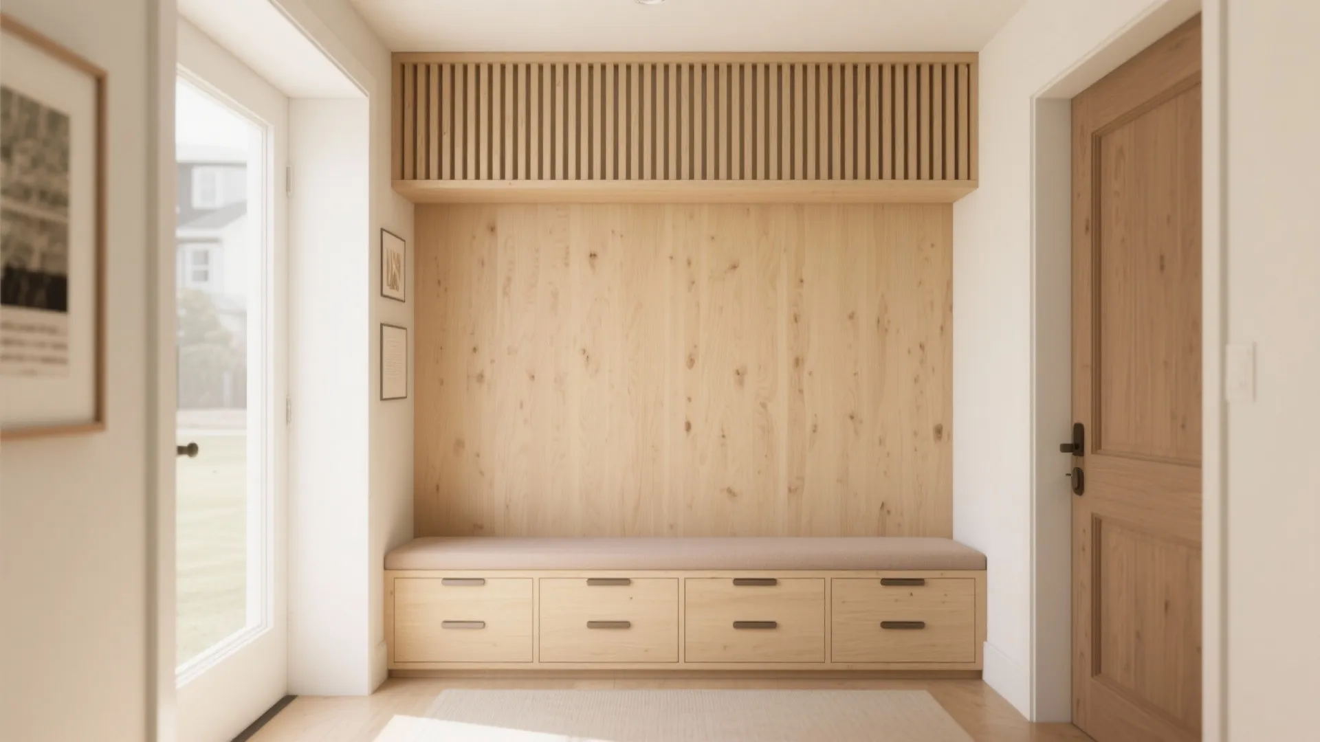 Built-in wooden bench with storage drawers and wall panel in a bright white entryway interior