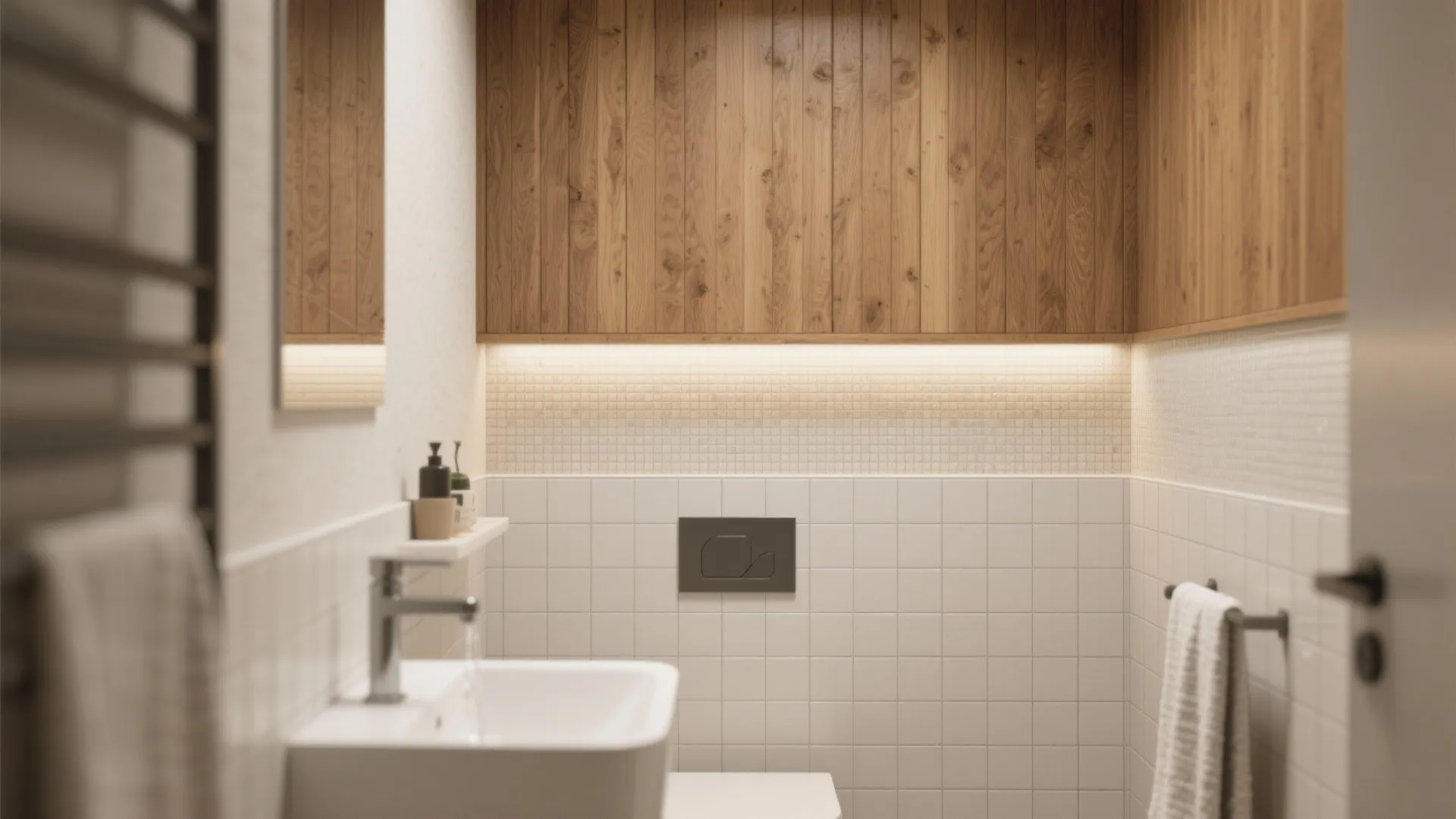 3. Half-wall wood with tile below (best of both worlds)