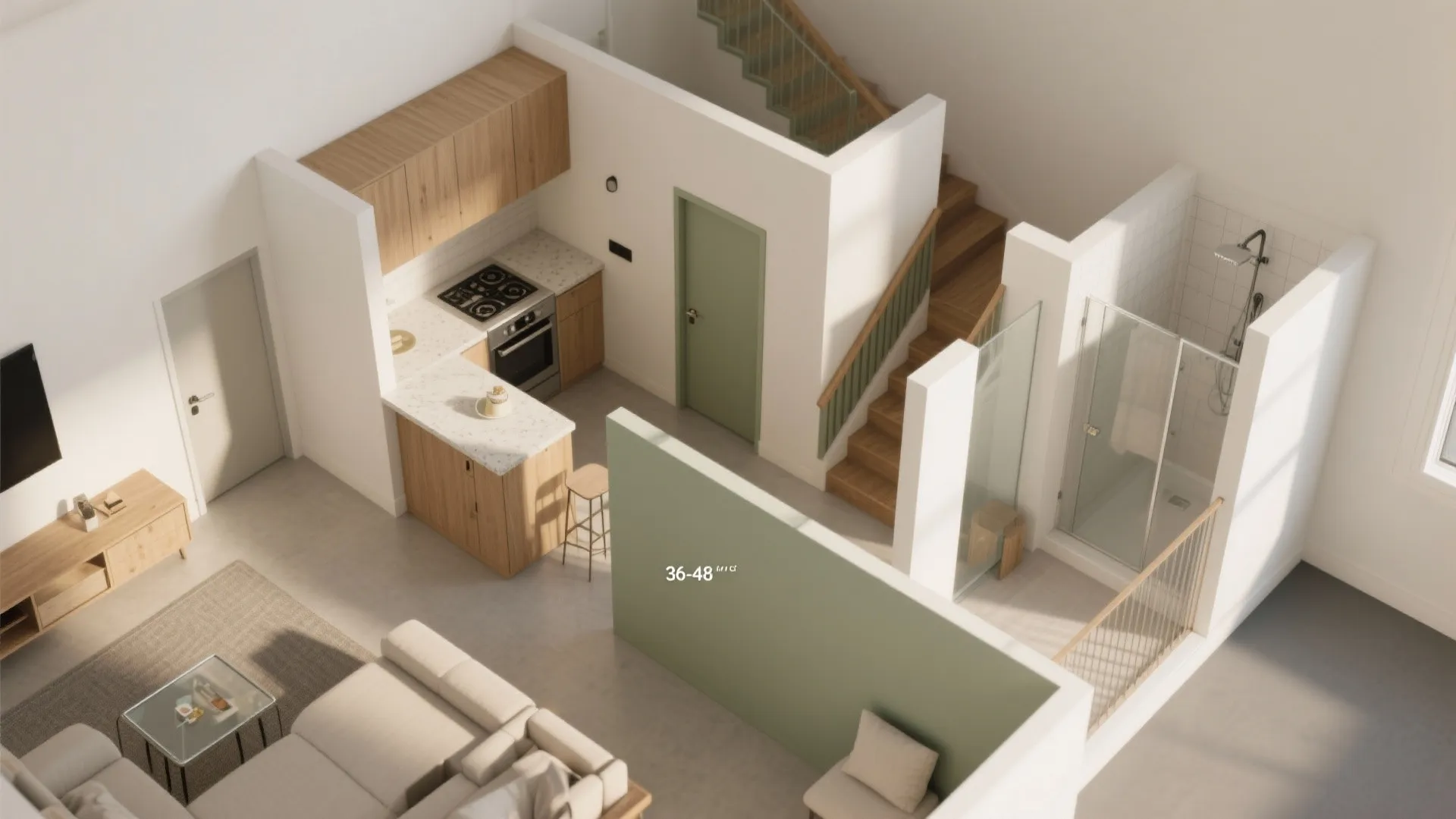 Modern apartment interior design drawing with small kitchen stairs green door bathroom and living room