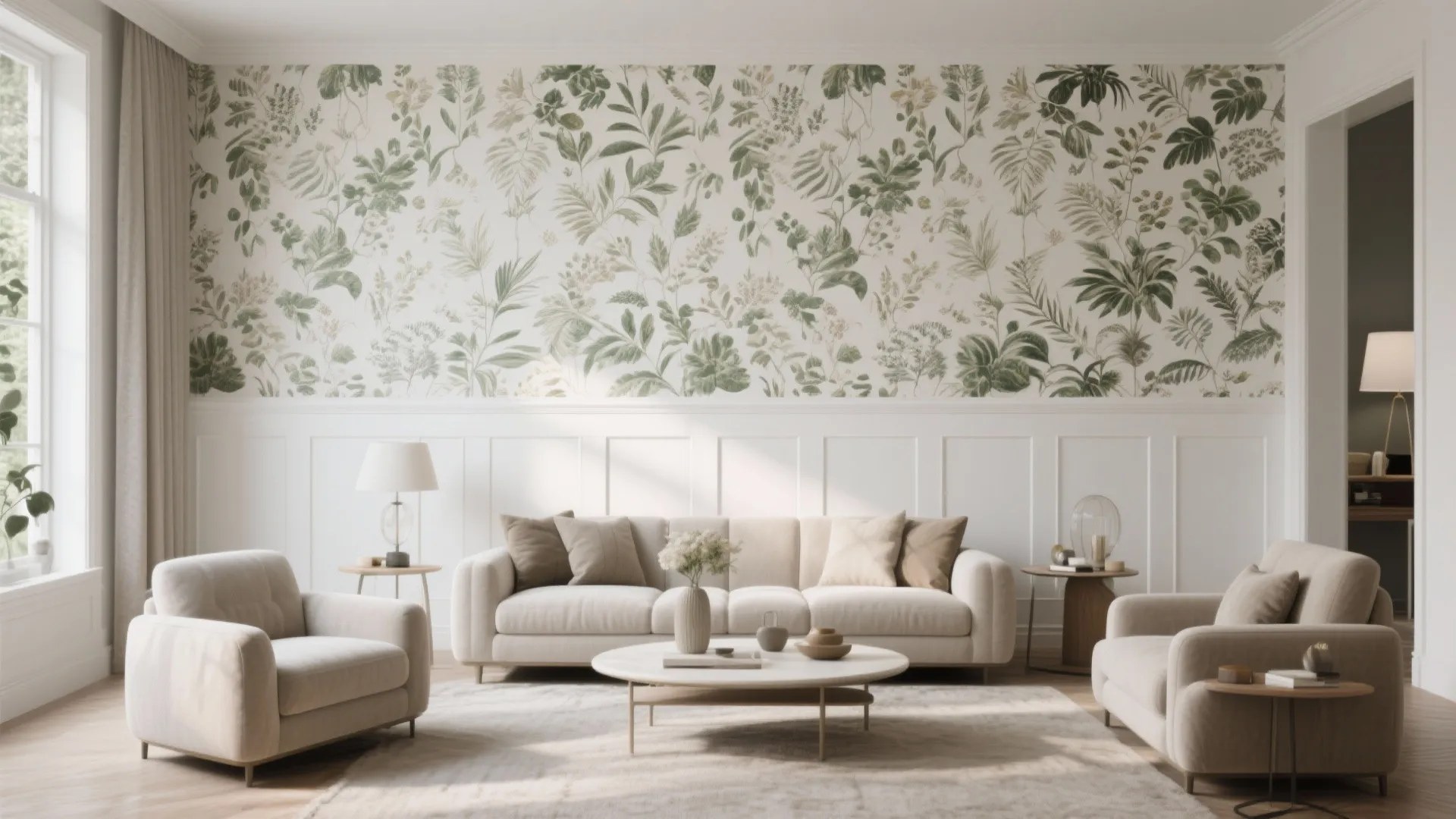 Living room with white half-wall paneling and botanical wallpaper above