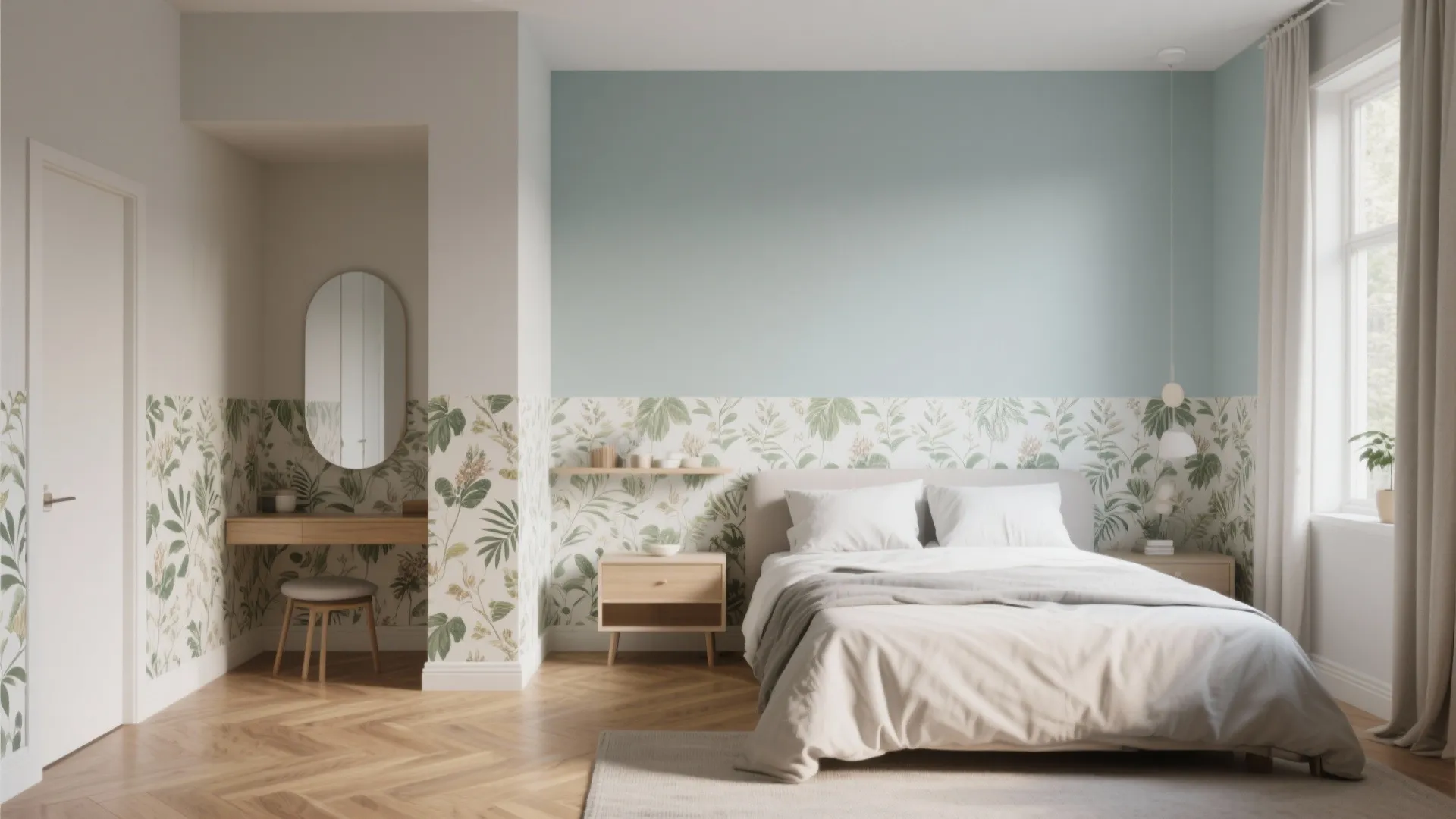 Minimalist bedroom with light blue upper wall and green leaf pattern wall panel on bottom