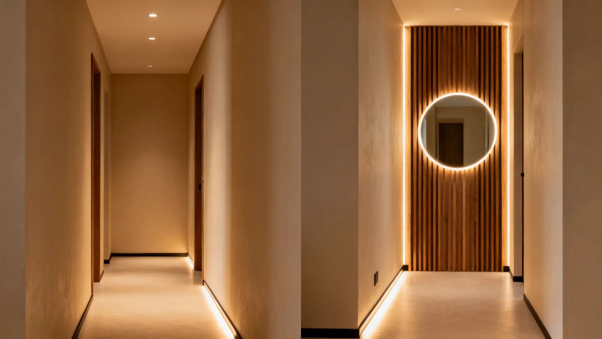 Before-and-after of a narrow hallway adding wall grazers and a backlit mirror to increase depth.