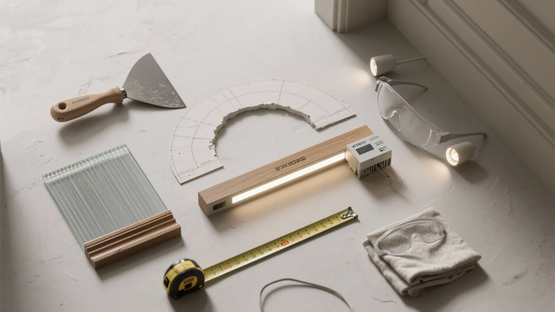 Top-down flat lay of POP tools, reeded glass, oak trim, and LED components for hall arch planning.