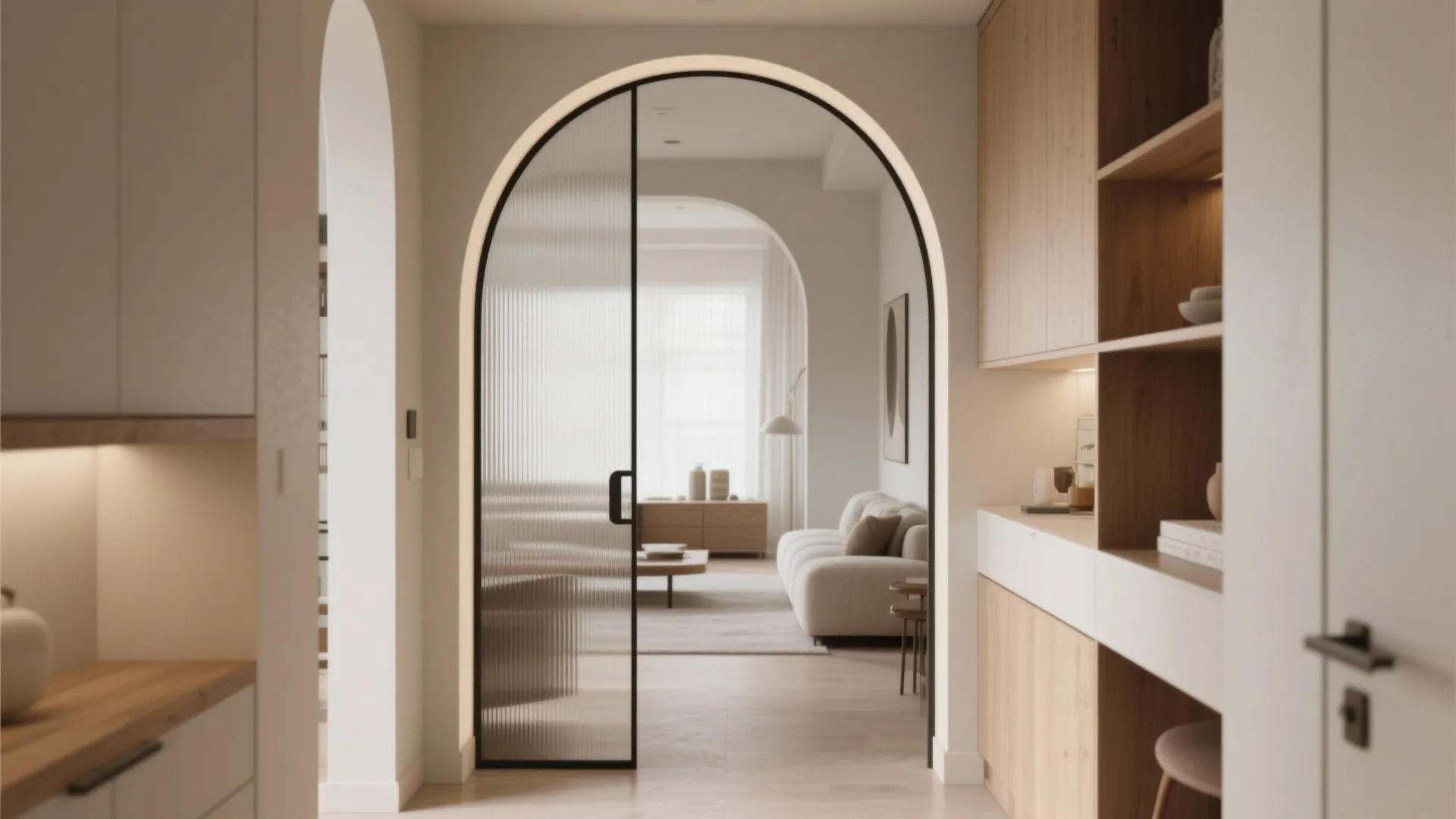 Modern interior hallway view through a black metal arched glass door into a white livingroom