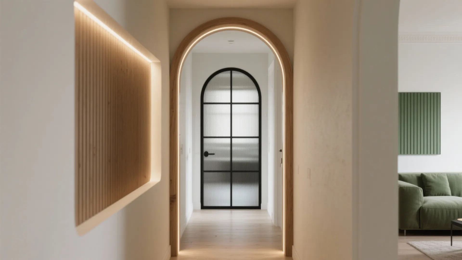 Interior view showing lit wooden arch leading to a glass door and green living room