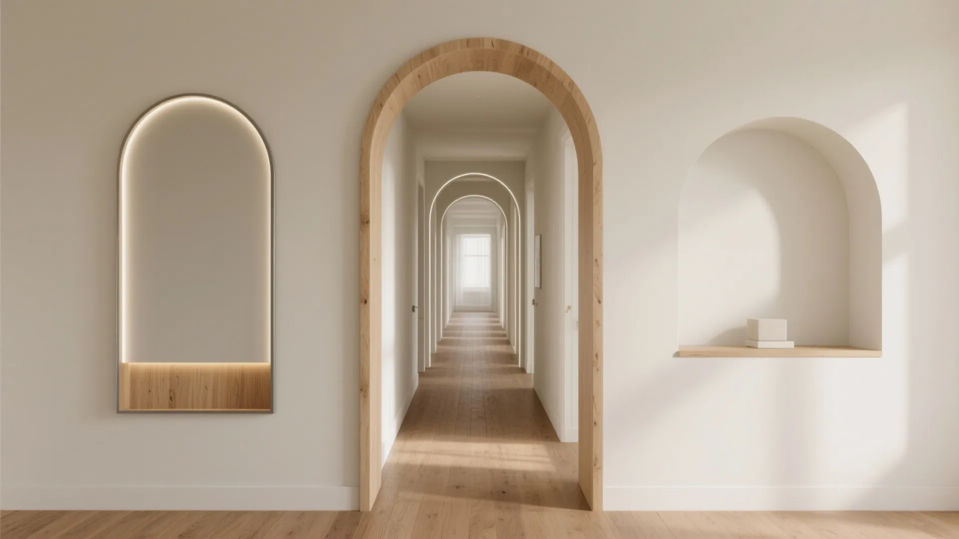 Long hallway with multiple wall arches featuring wooden frames and built in light strips decoration