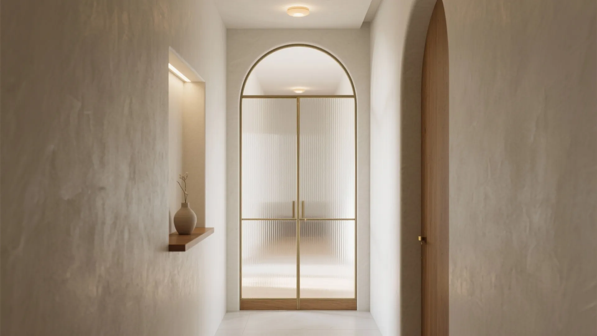 Minimalist hallway with arched glass doors textured white walls small wood shelf and ceiling light