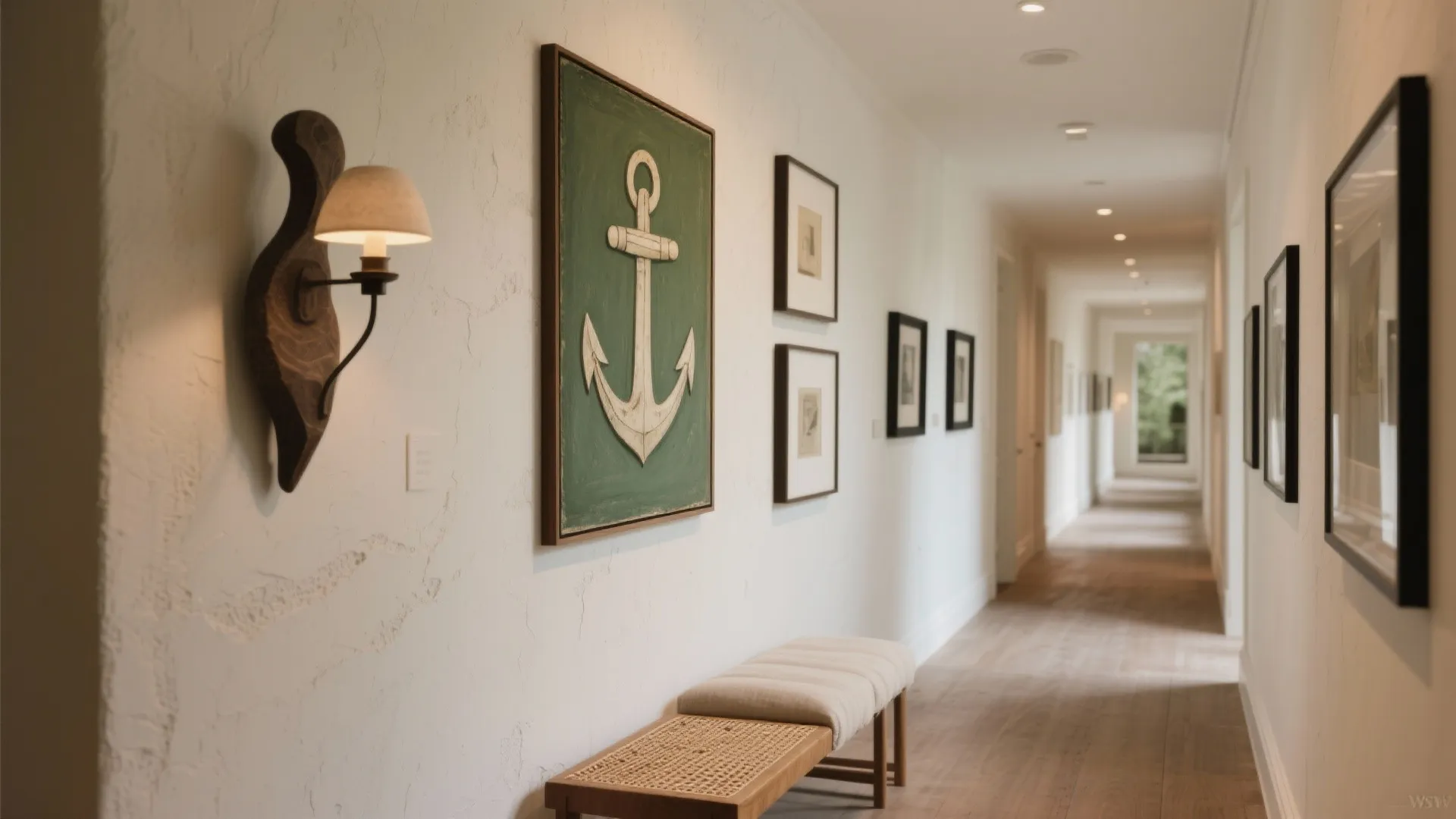 Bright hallway with white textured walls featuring wall light green anchor painting and small bench