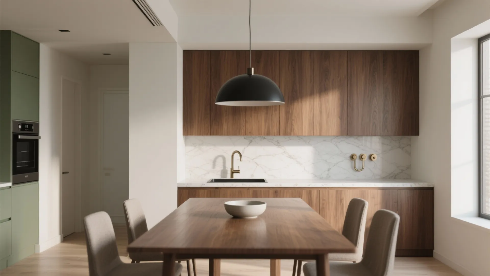 Modern kitchen with wooden dining table black ceiling light wood cabinets marble backsplash and walls