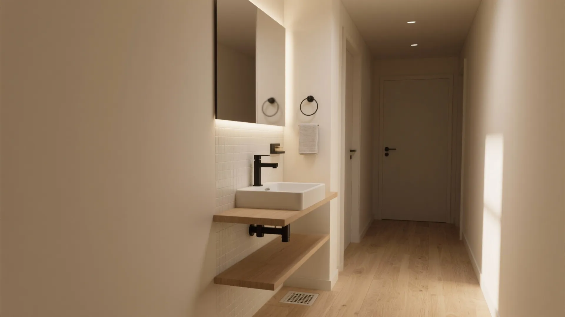 Modern hallway vanity with white square sink black faucet wooden shelves and a backlit mirror