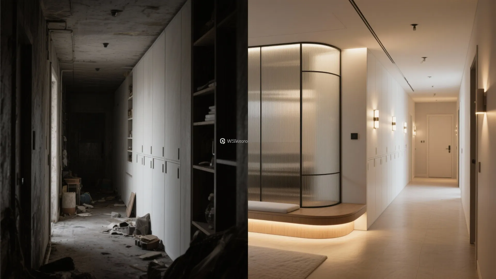 Before and after comparison of a messy dark corridor and a modern bright renovated hallway