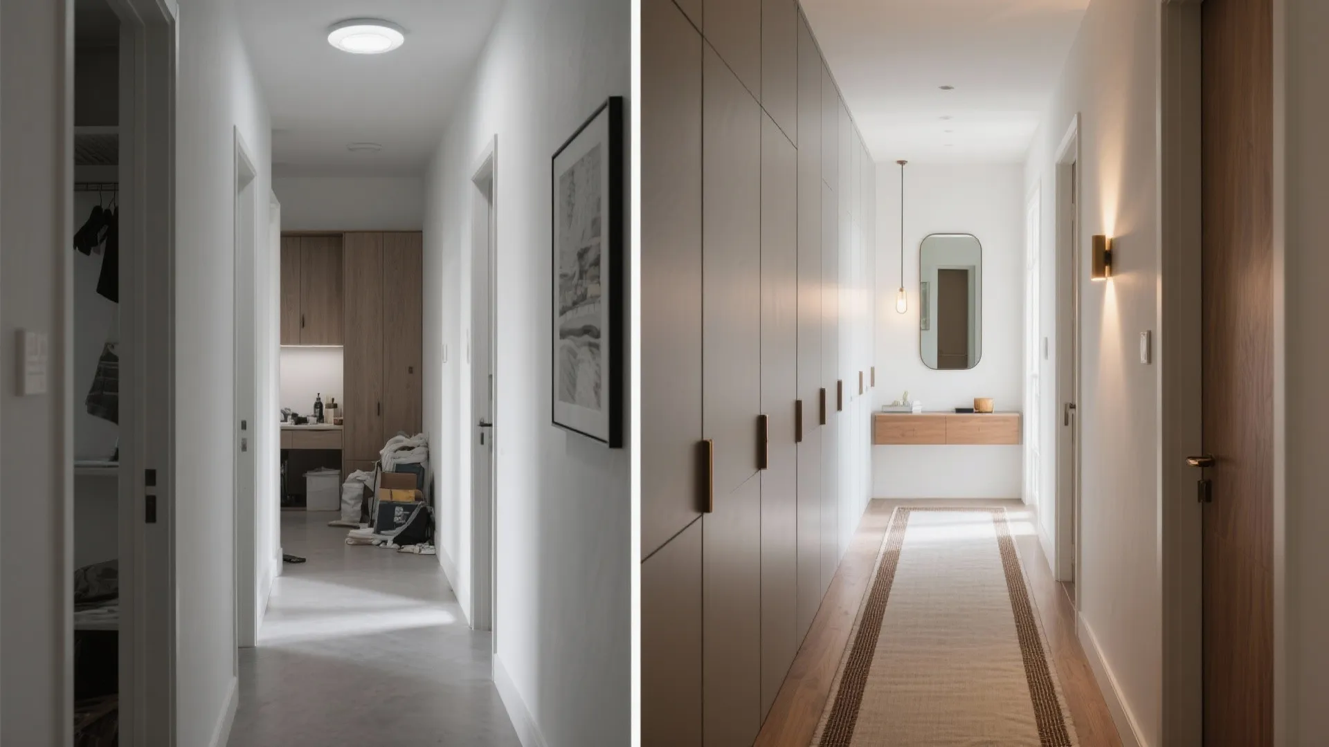 Before and after comparison of a messy dark hallway versus a bright organized hallway with cabinets