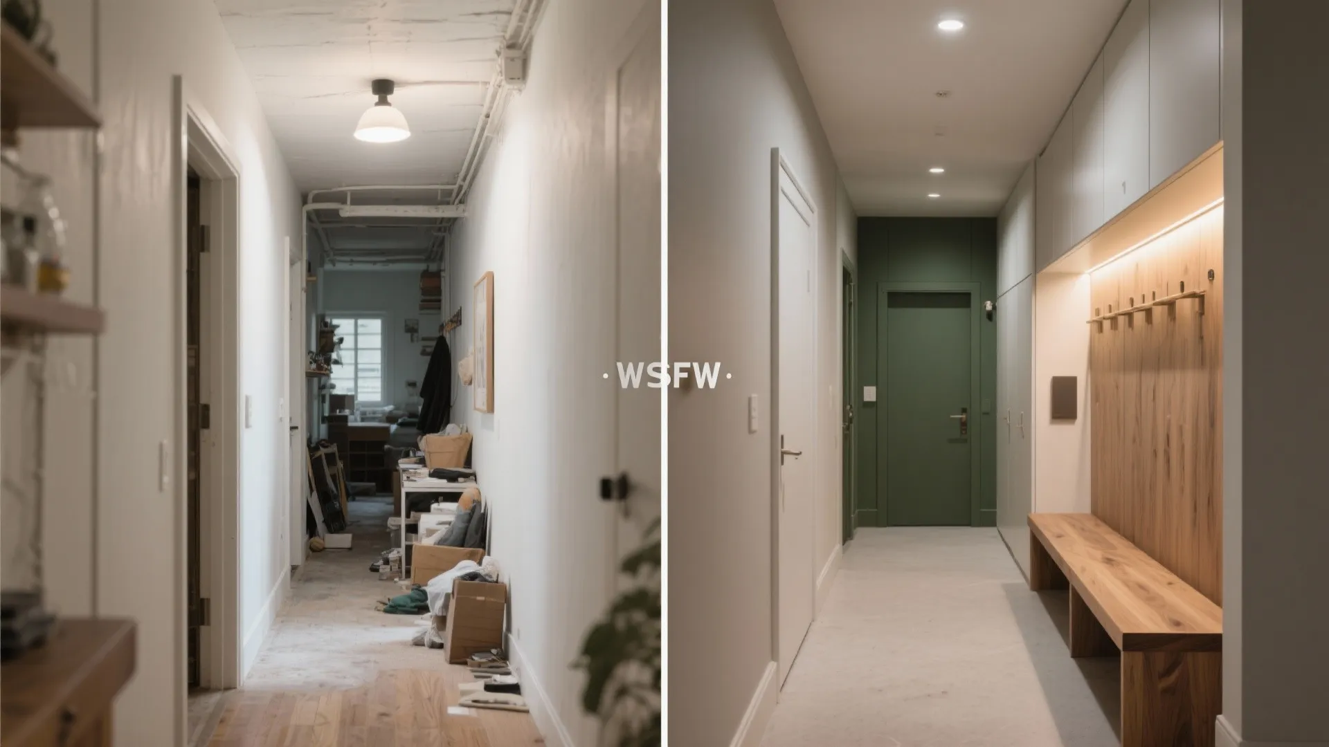 Before-and-after of a narrow hall: cluttered and glarey vs calm, layered light with hidden storage.