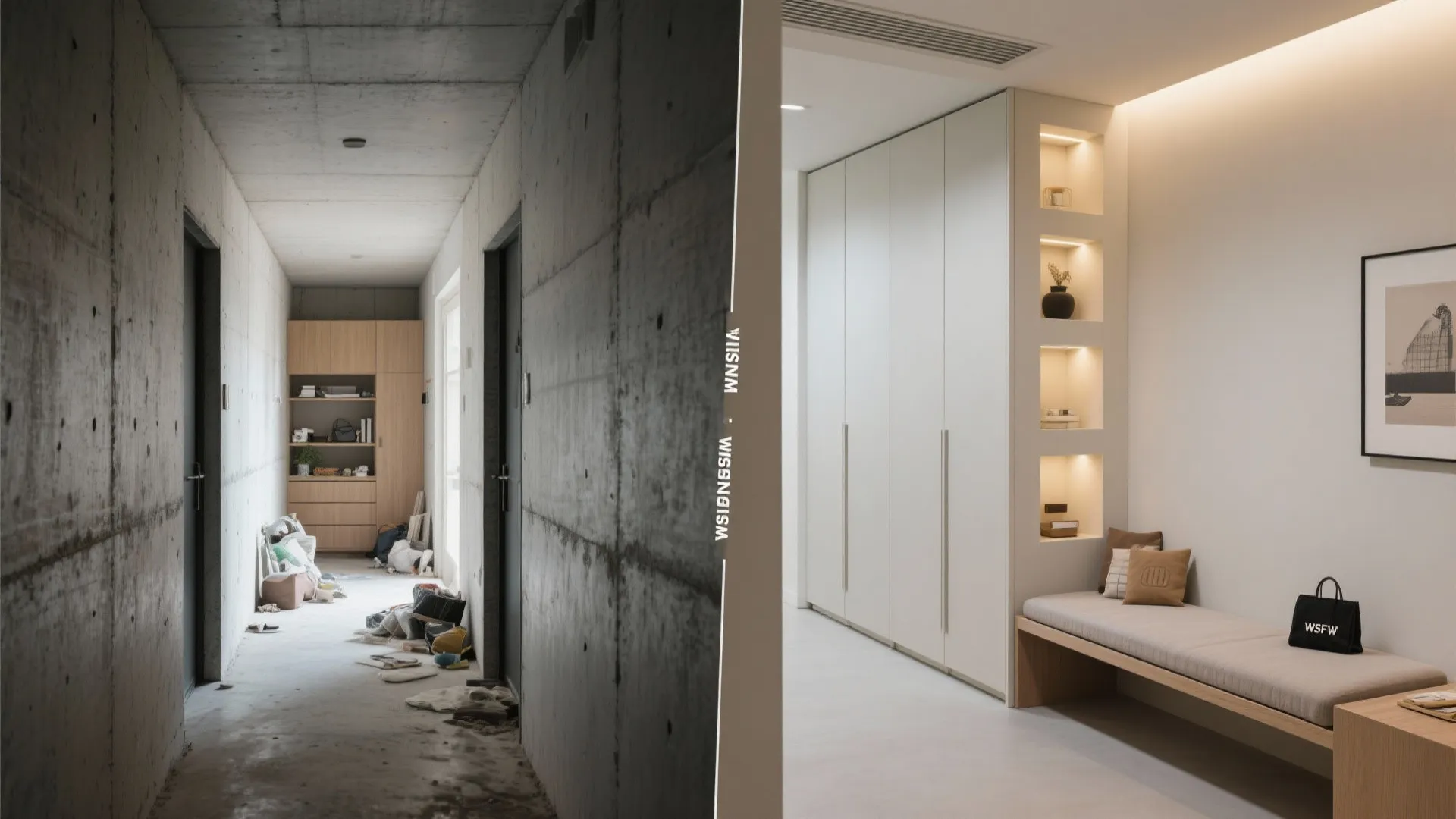 Before and after comparison of a messy concrete hallway versus a clean white modern hallway