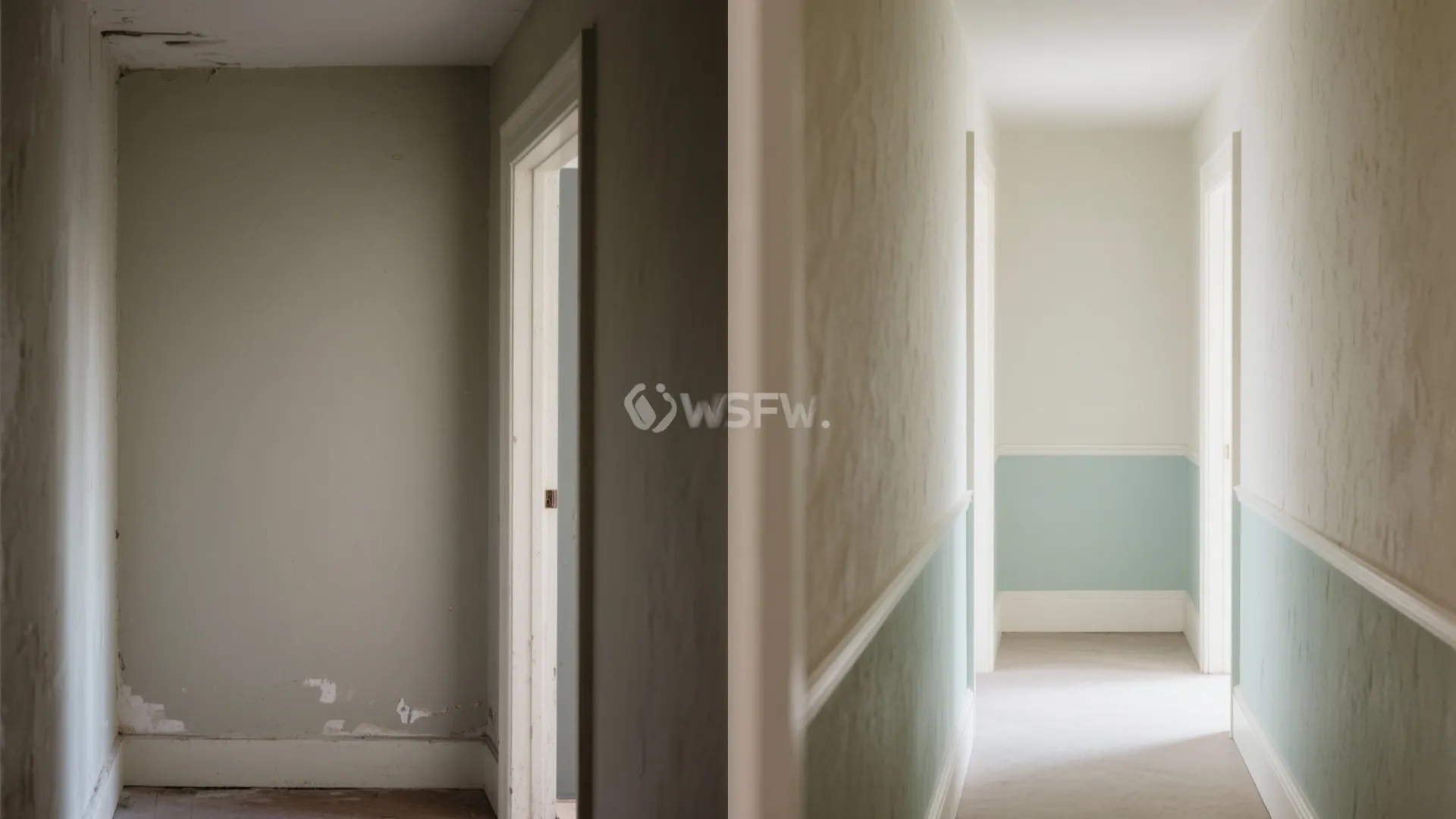 Before-and-after of a small hallway transformed with two-tone, subtle textures, and a sage wash.