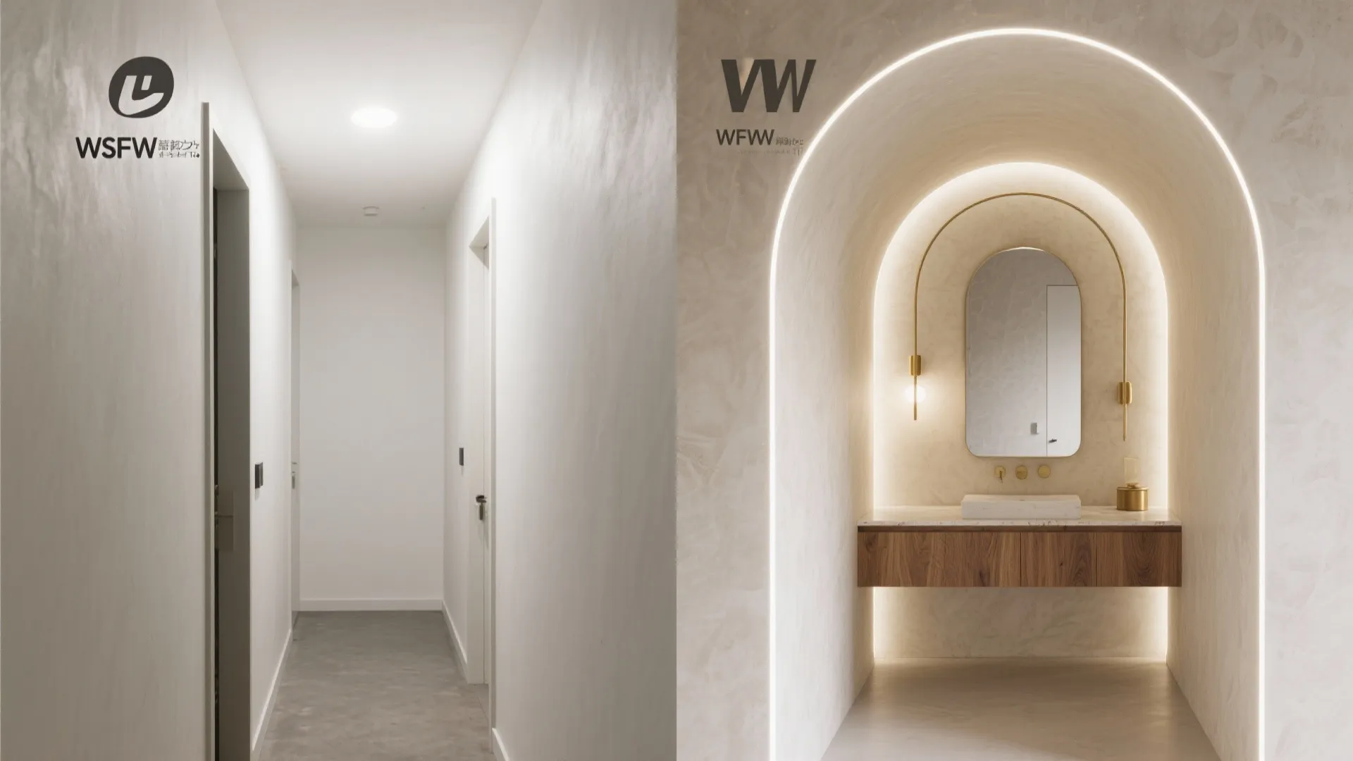 Before and after comparison showing plain white hallway versus modern arched vanity with wooden storage cabinet
