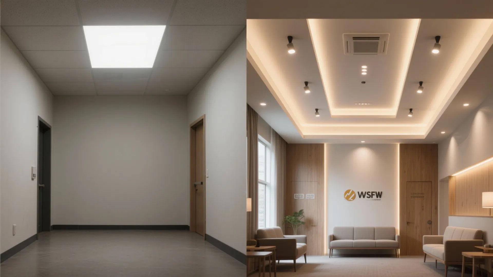 Before and after comparison of a plain empty room versus a modern lounge with warm lights