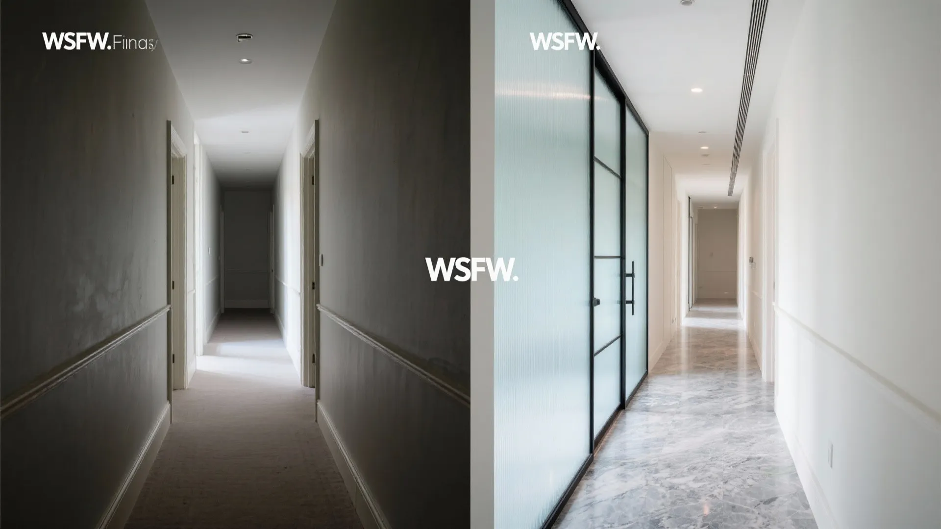 Before and after comparison of a dark narrow hallway versus a bright modern hallway with marble