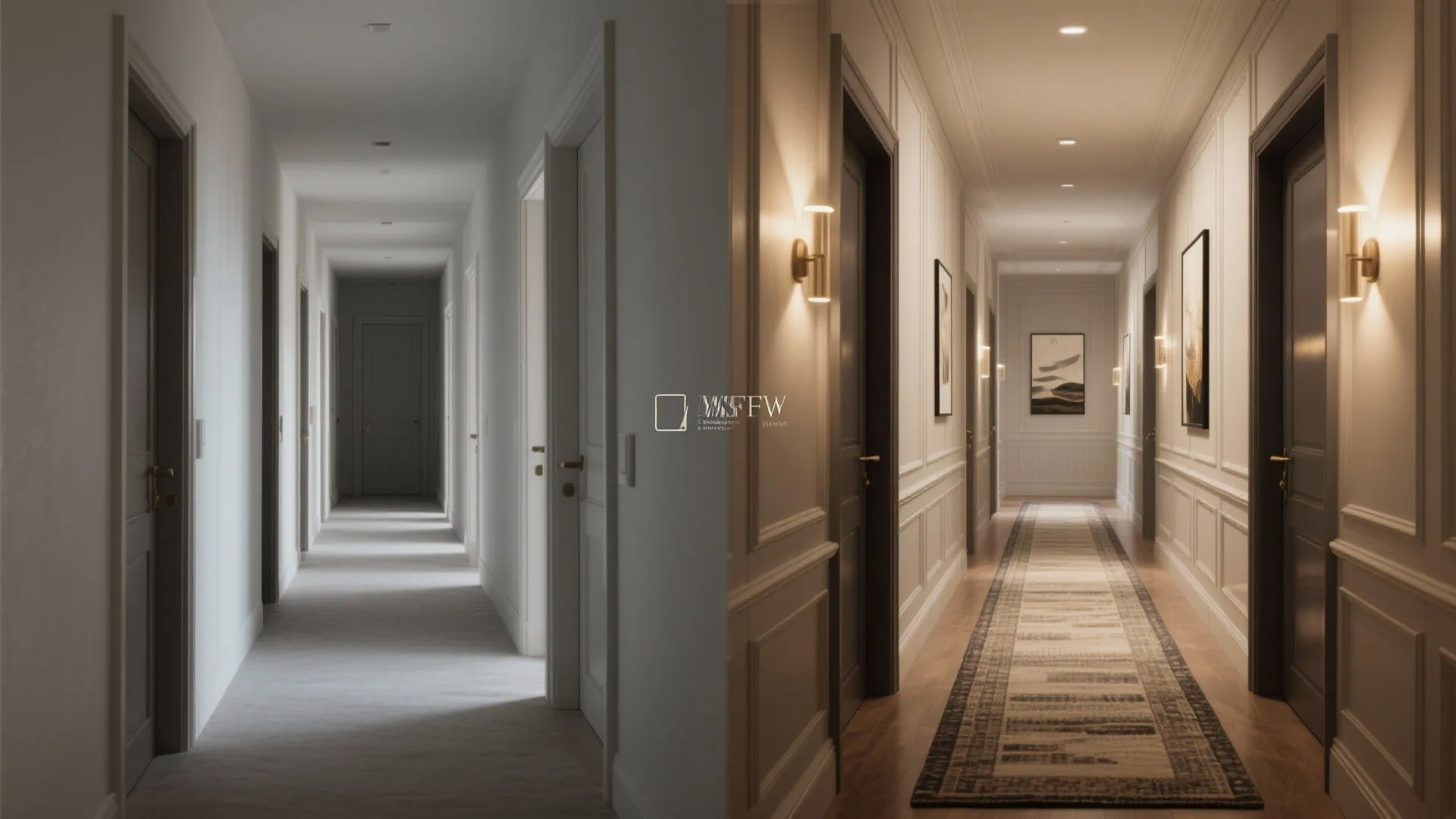 Side by side comparison of a dark plain hallway and a bright decorated hallway design