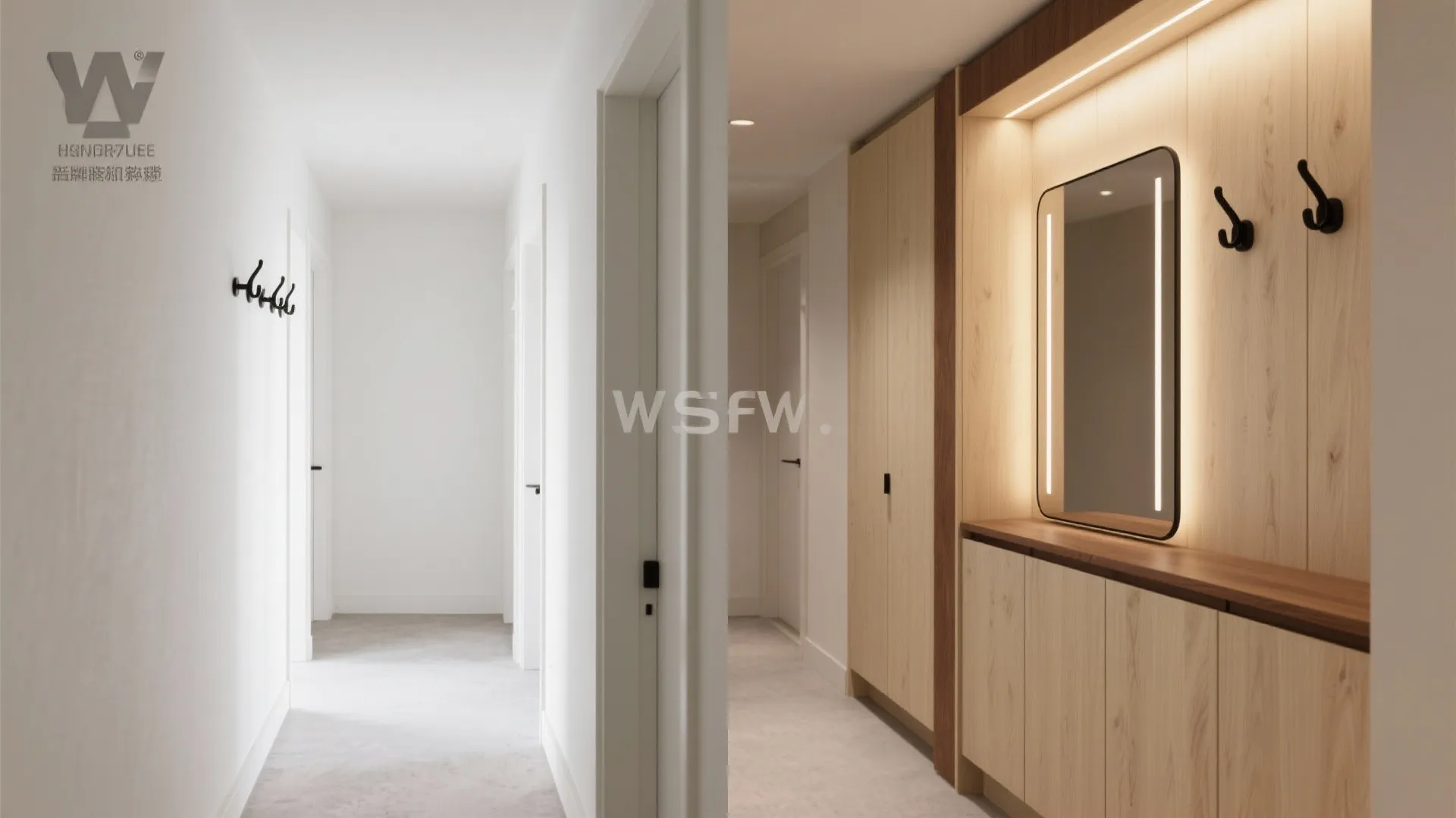 Before and after hallway comparison showing plain white walls transformed with wooden cabinet and mirror