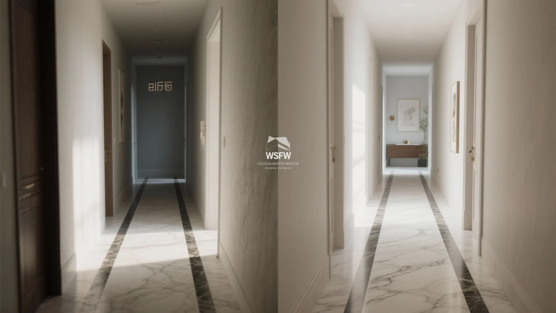 1) Minimal marble flooring with subtle veining