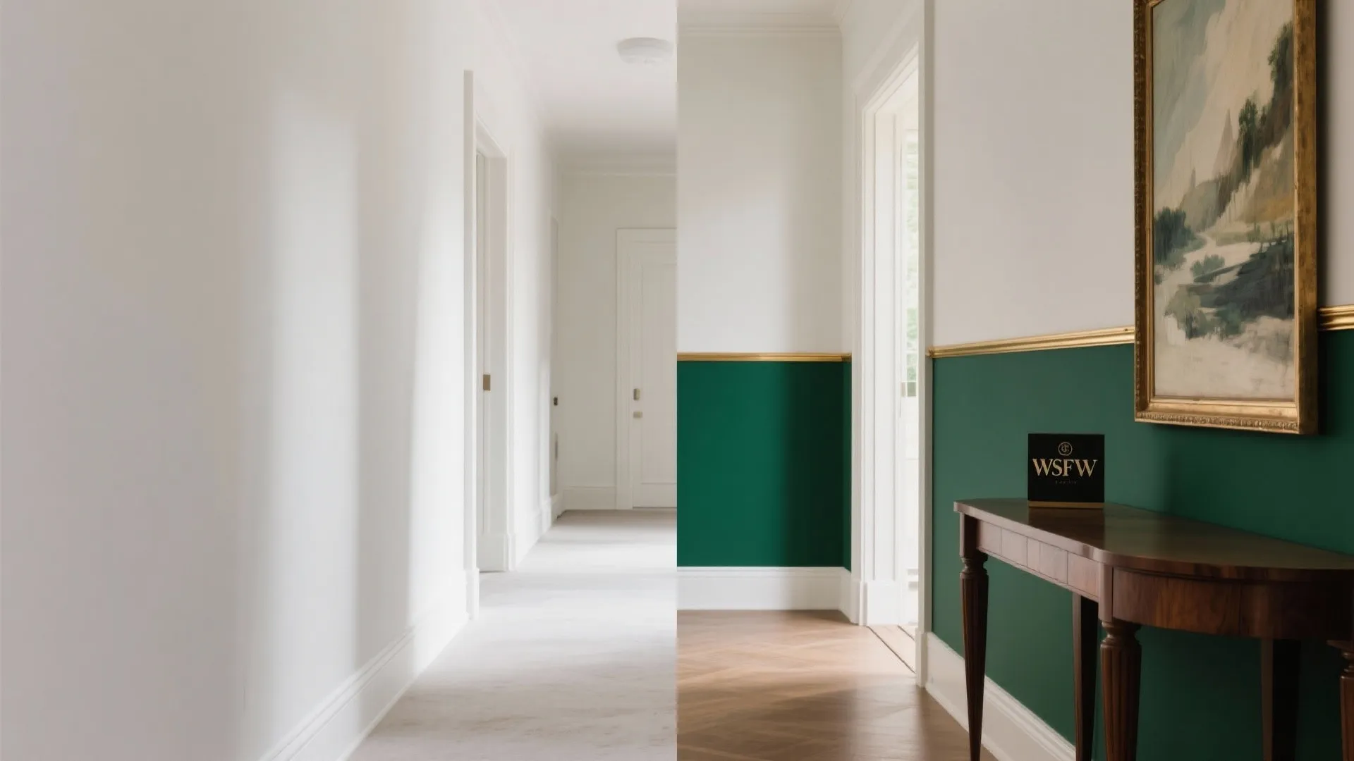Before-and-after hall comparison showing color blocking, brass rail, and a walnut console upgrade.