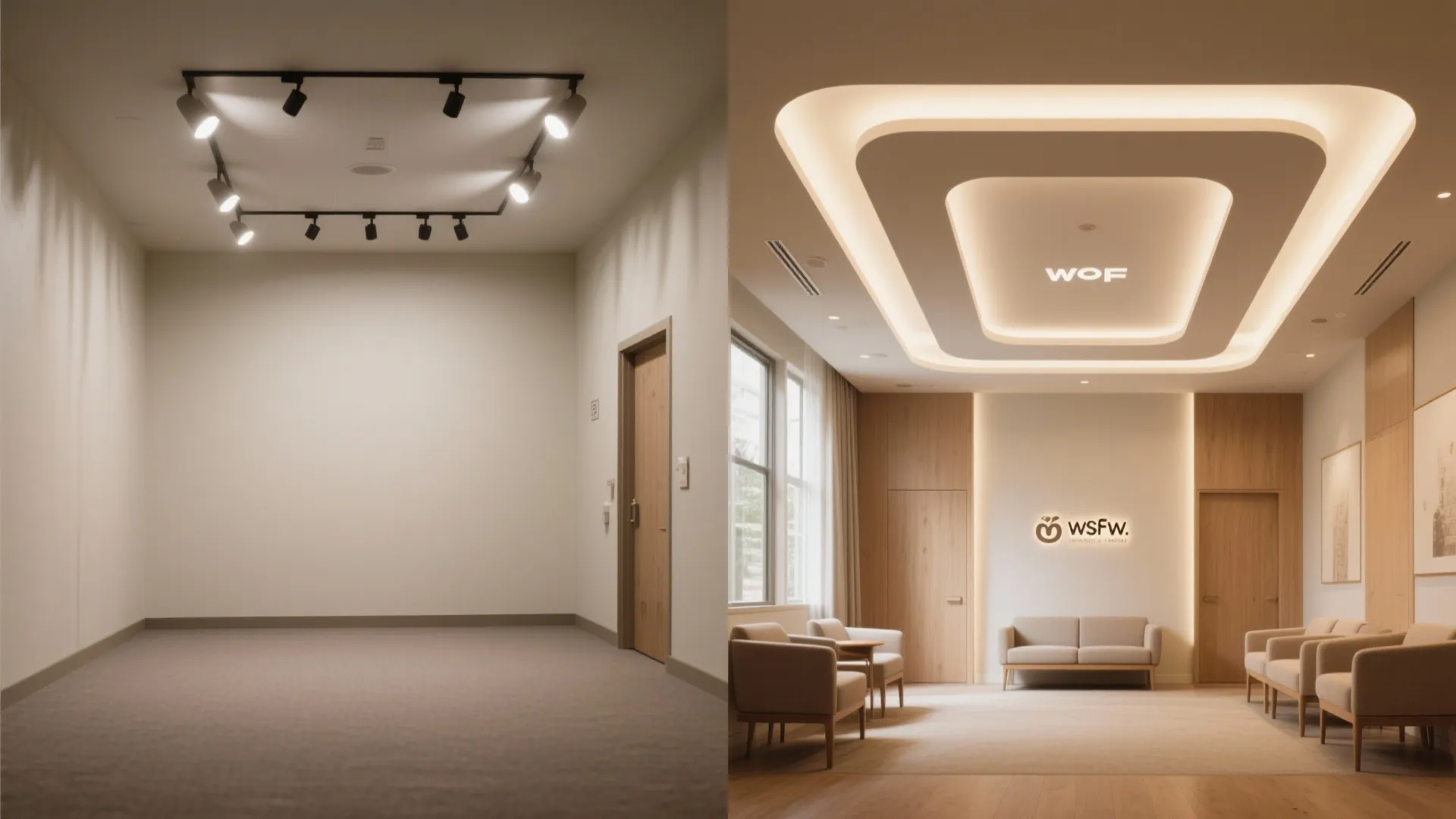 Small hall before and after: plain ceiling versus POP ceiling with cove and tray, improved lighting.