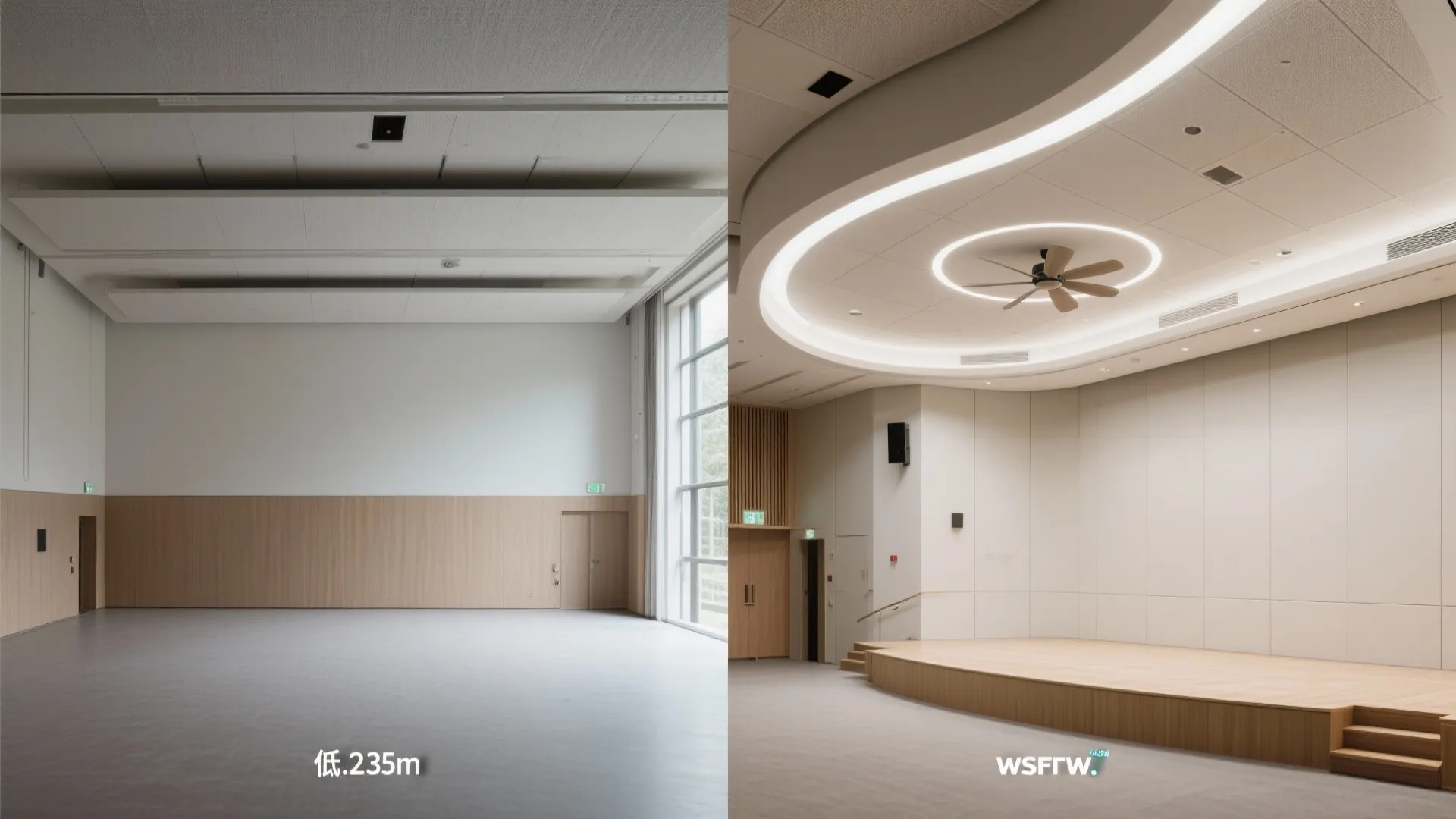Before and after comparison of a large empty room versus a finished stage with ceiling light